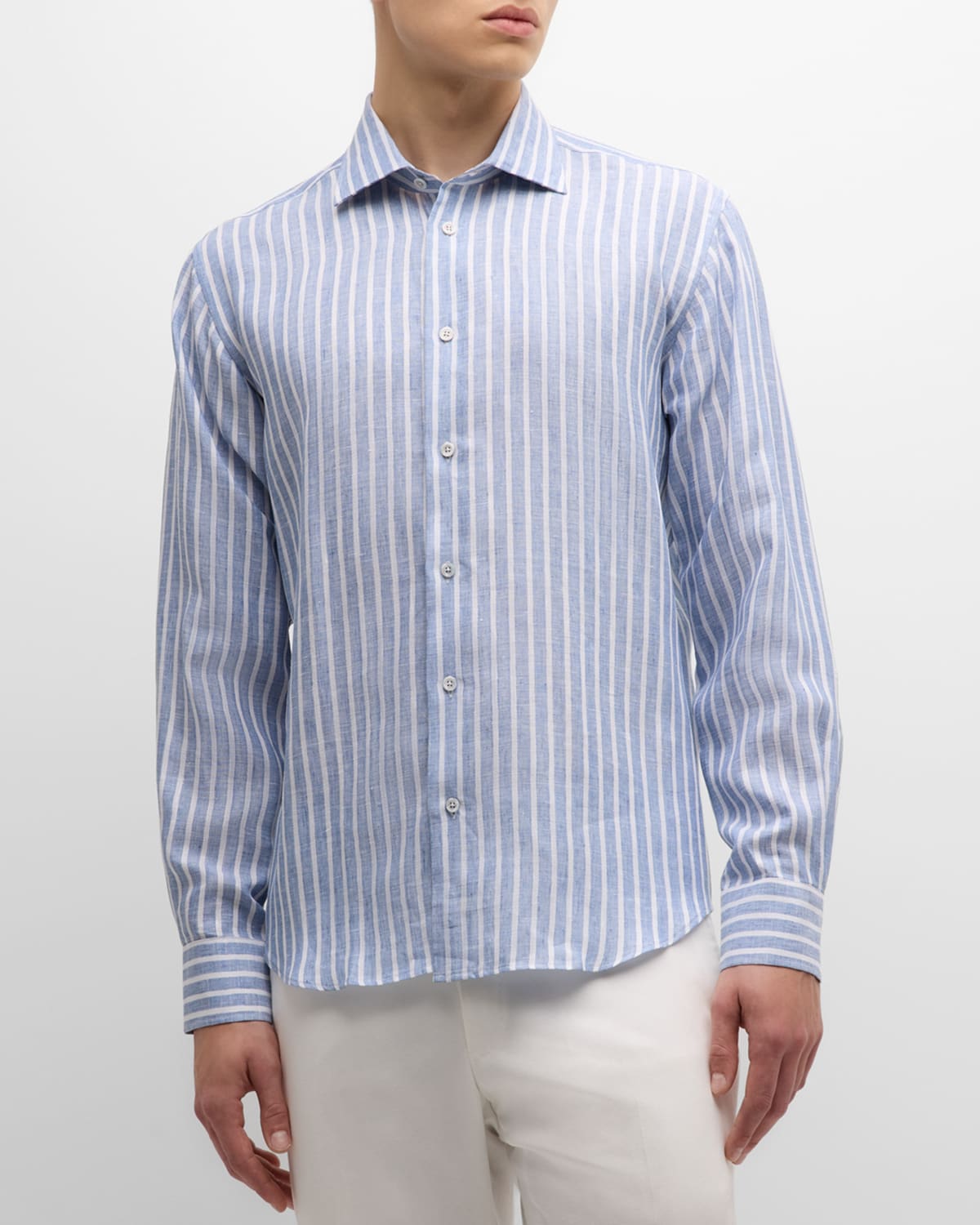Shop Baldassari Men's Linen Stripe Casual Button-down Shirt In Blue/white/blue