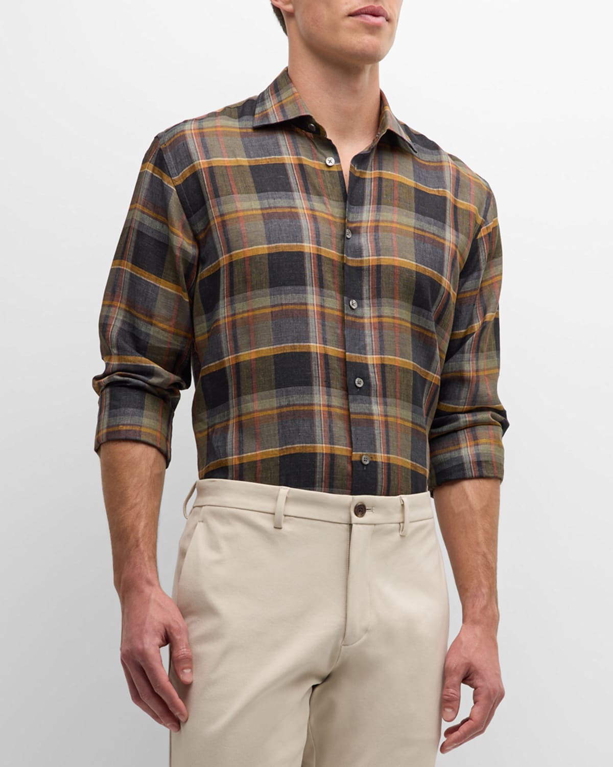 Shop Baldassari Men's Linen Plaid Casual Button-down Shirt In Black/brown/grey