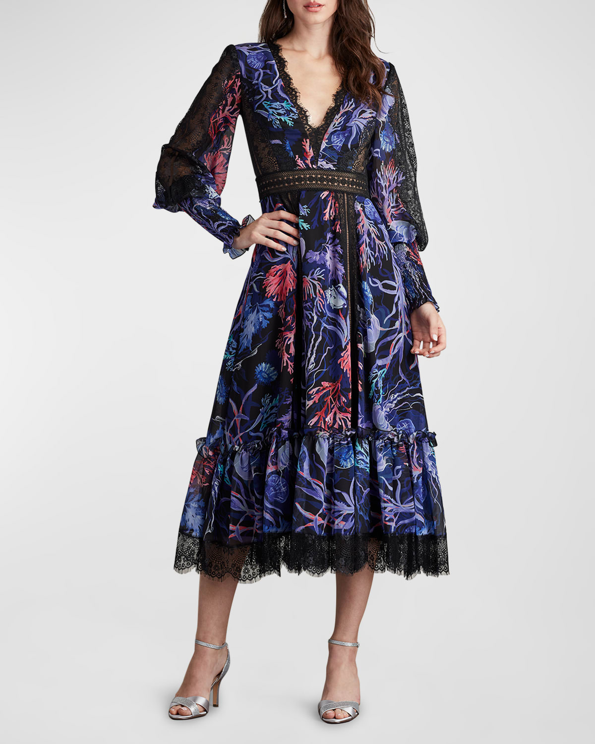 Coral-Print Lace-Trim Bishop-Sleeve Midi Dress