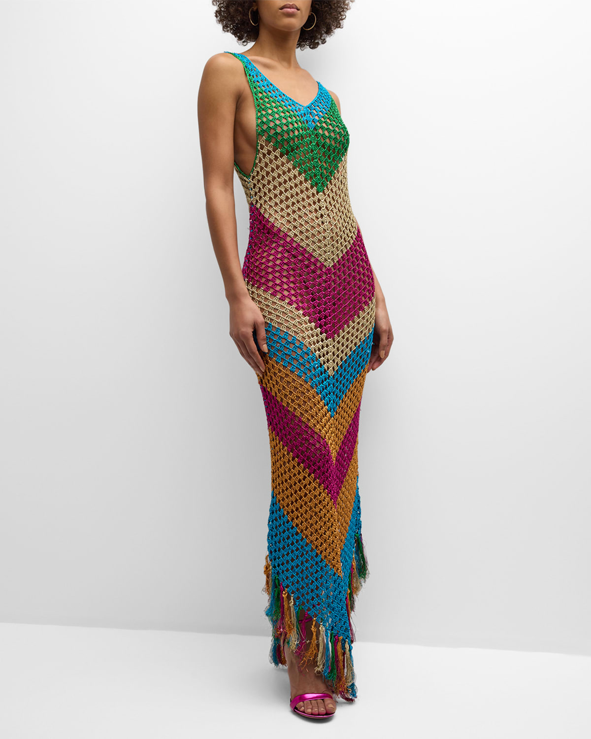 Rin Sleeveless Multicolor Chevron Stripe Crochet Maxi Dress
