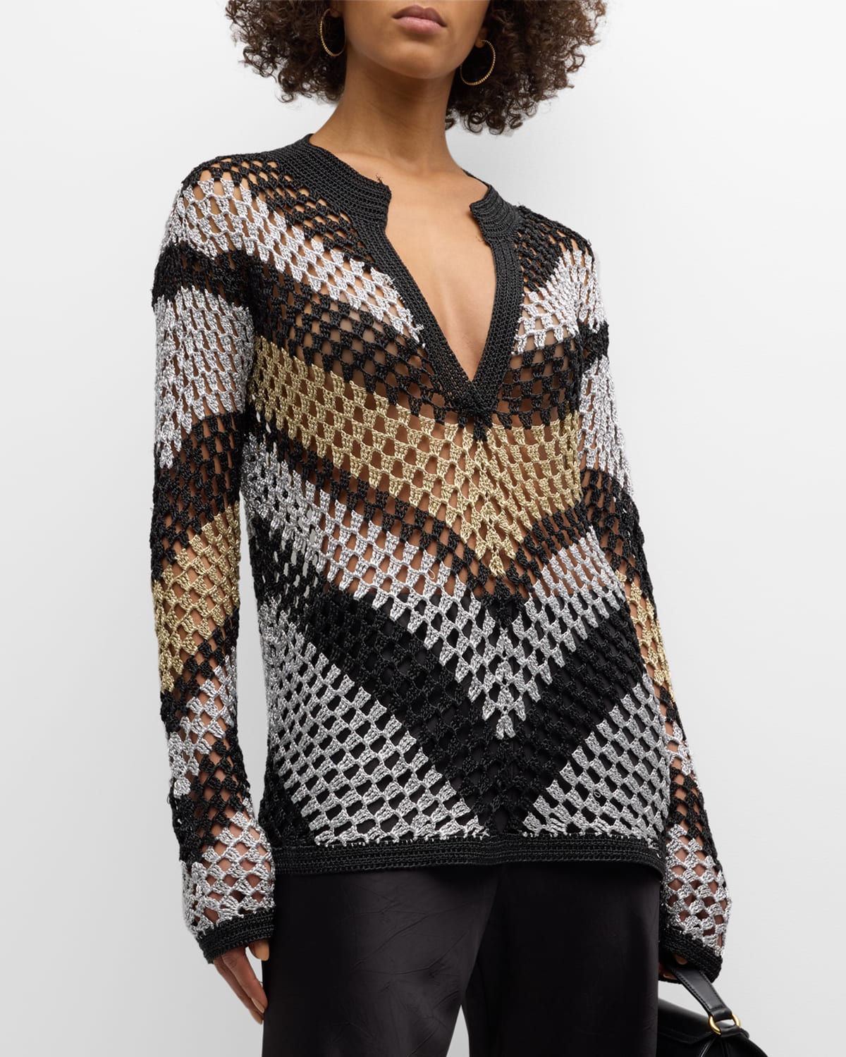 Ggo Crochet Stripe V-Neck Long-Sleeve Shirt
