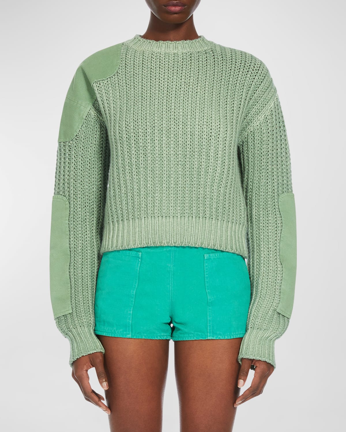 Shop Max Mara Abisso Elbow-patch Crewneck Knit Sweater In Sage Green