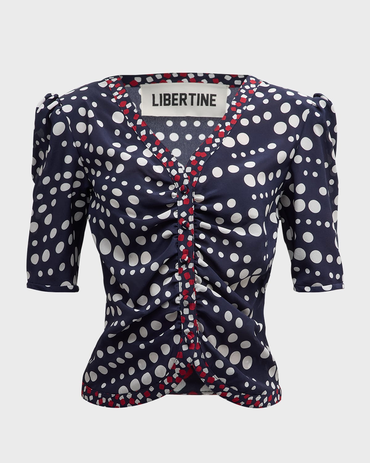 Shop Libertine Dot Dotism Monaco Short-sleeve Button-front Top In Redwhnv