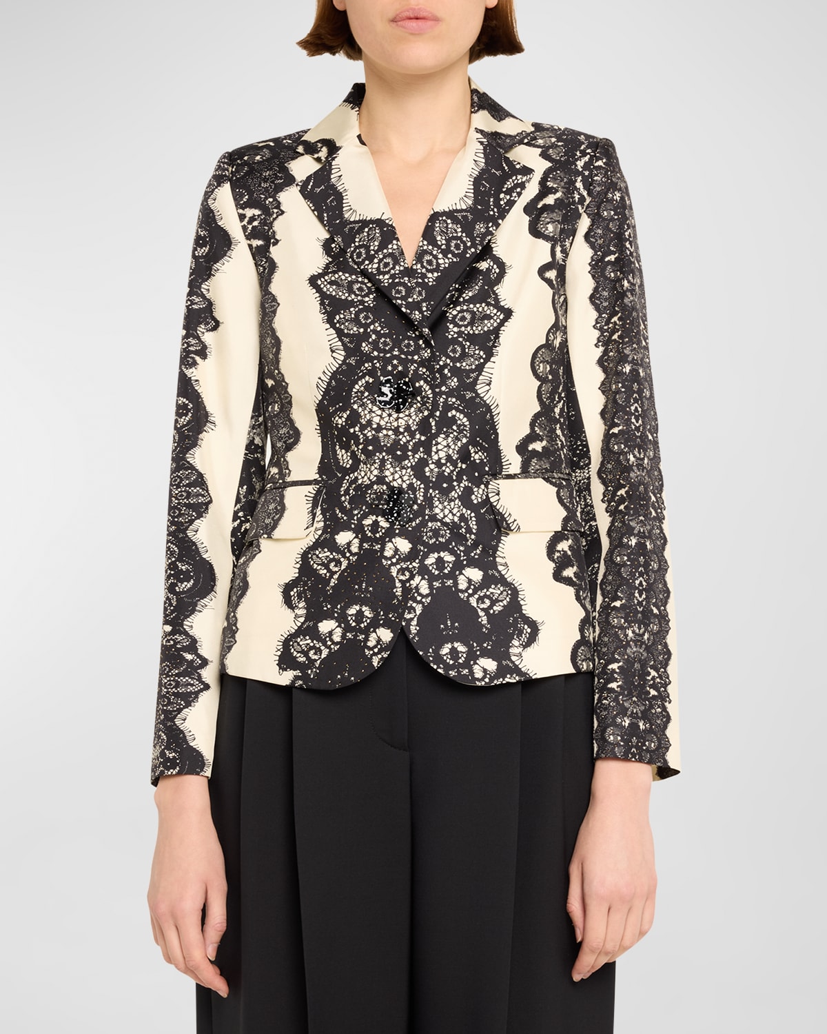 Venetian Lace Short Blazer Jacket with Crystal Buttons