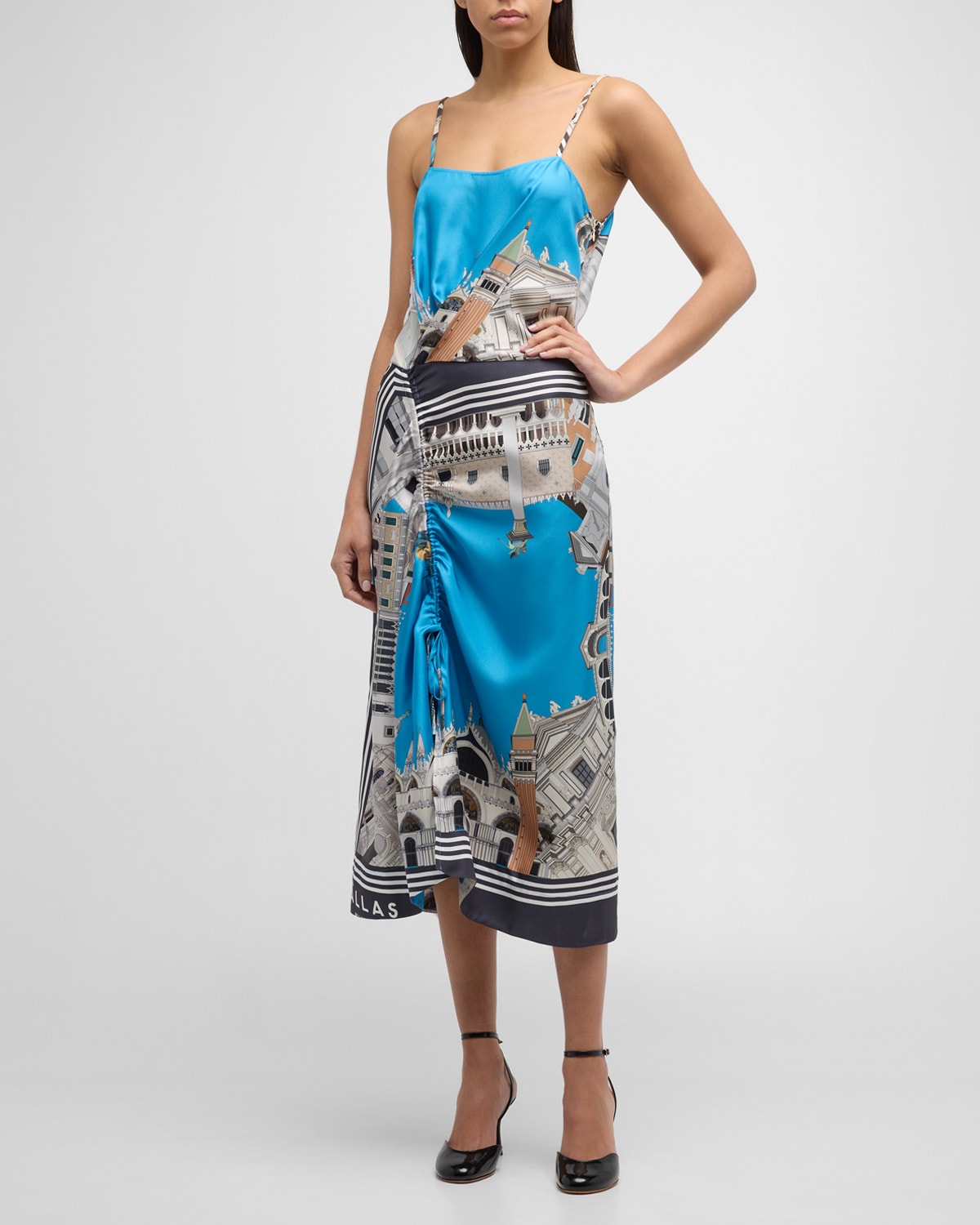 Angie City Printed Silk Midi Dress with Ruched Front