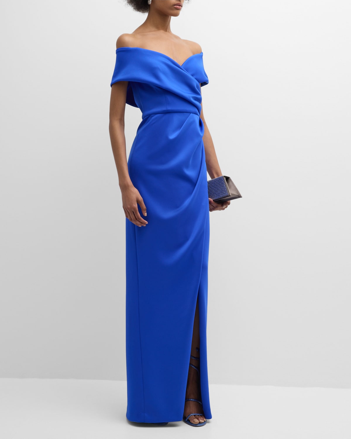 Shop Black Halo Prisma Pleated Off-shoulder Column Gown In Vibrant Blue
