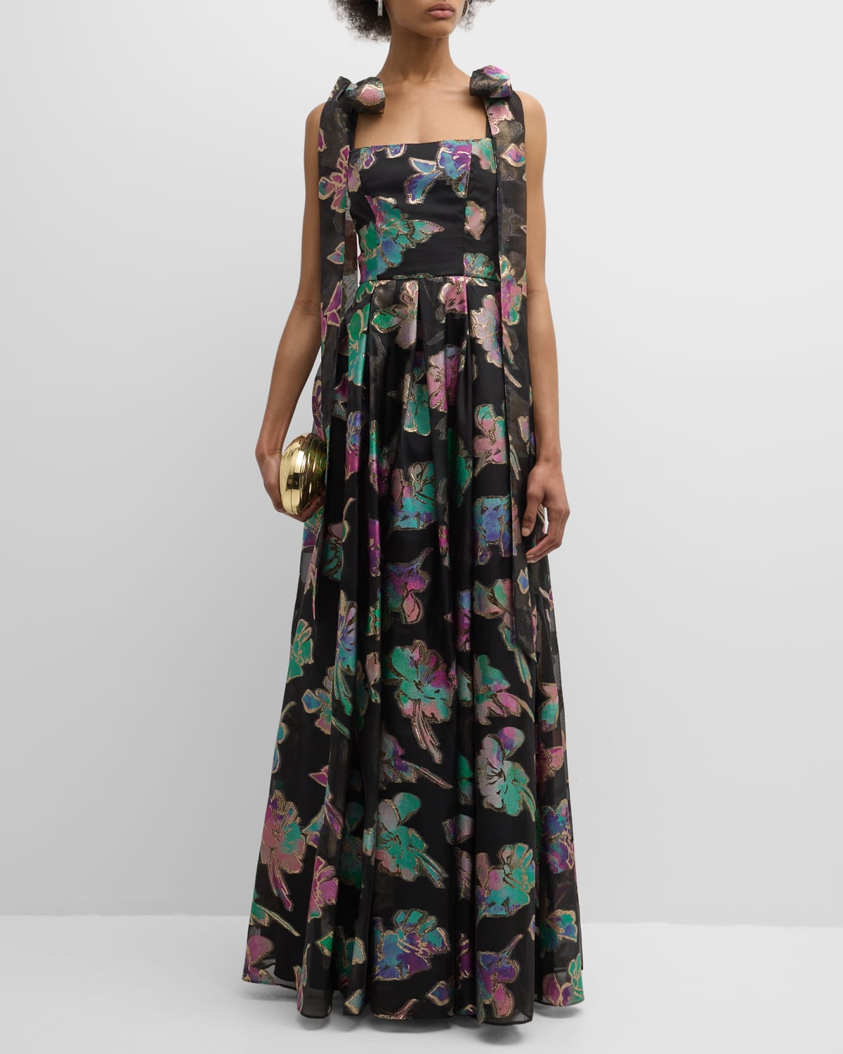 Shop Black Halo Devalin Pleated Floral Organza Brocade Gown In Playful Paradise