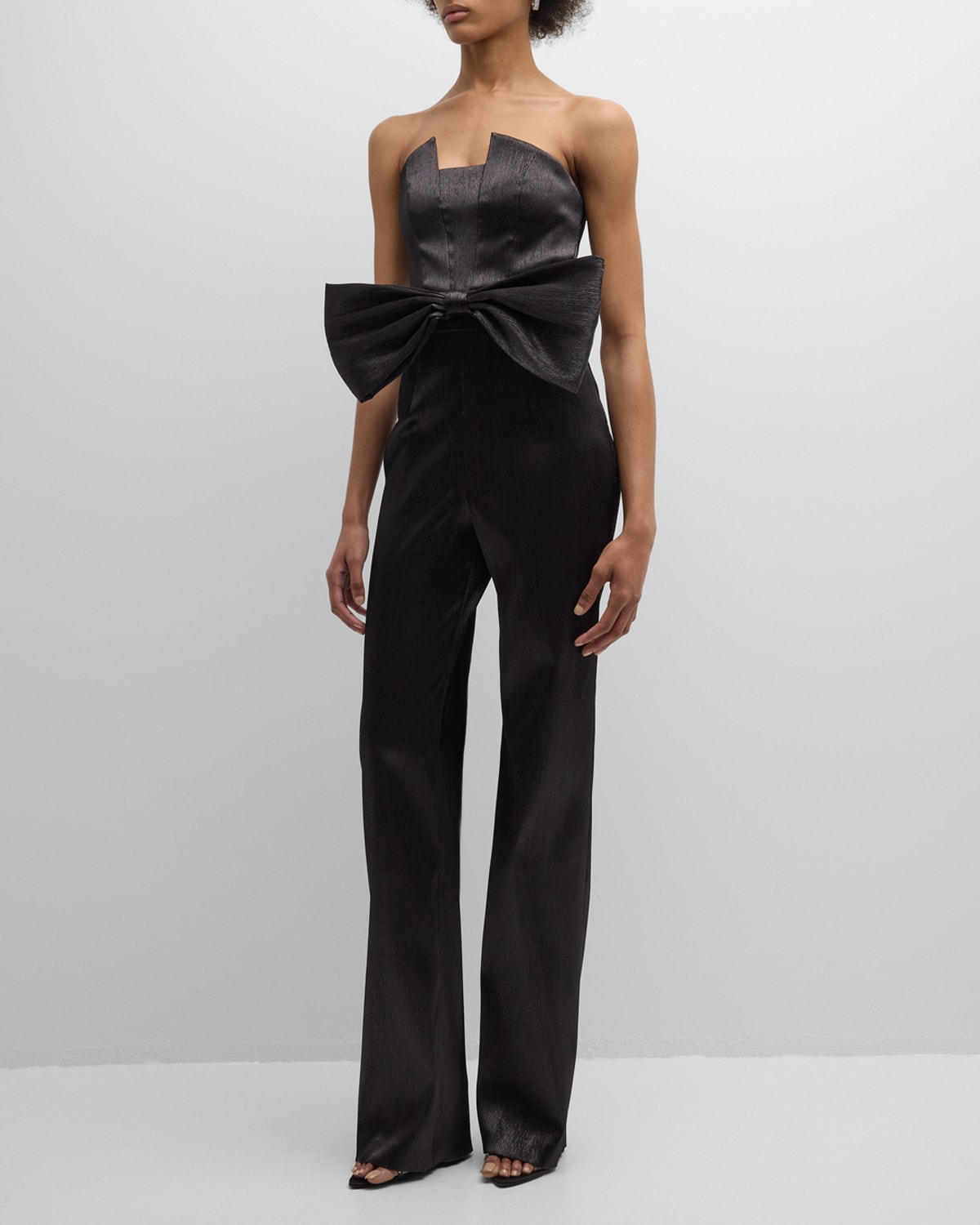 Jacie Bow-Front Strapless Metallic Jumpsuit