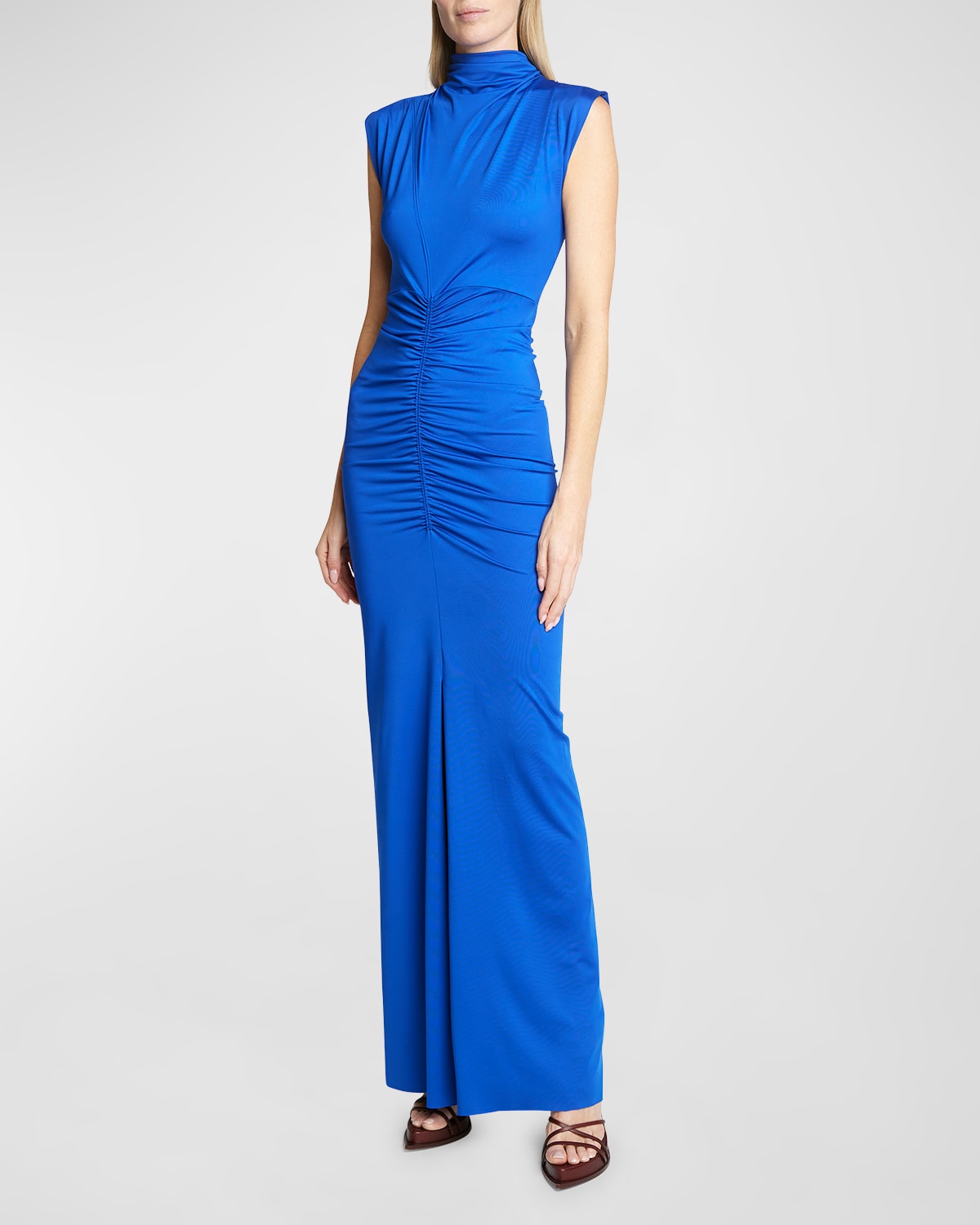 Shop Victoria Beckham Ruched High-neck Jersey Gown In Royal Blue
