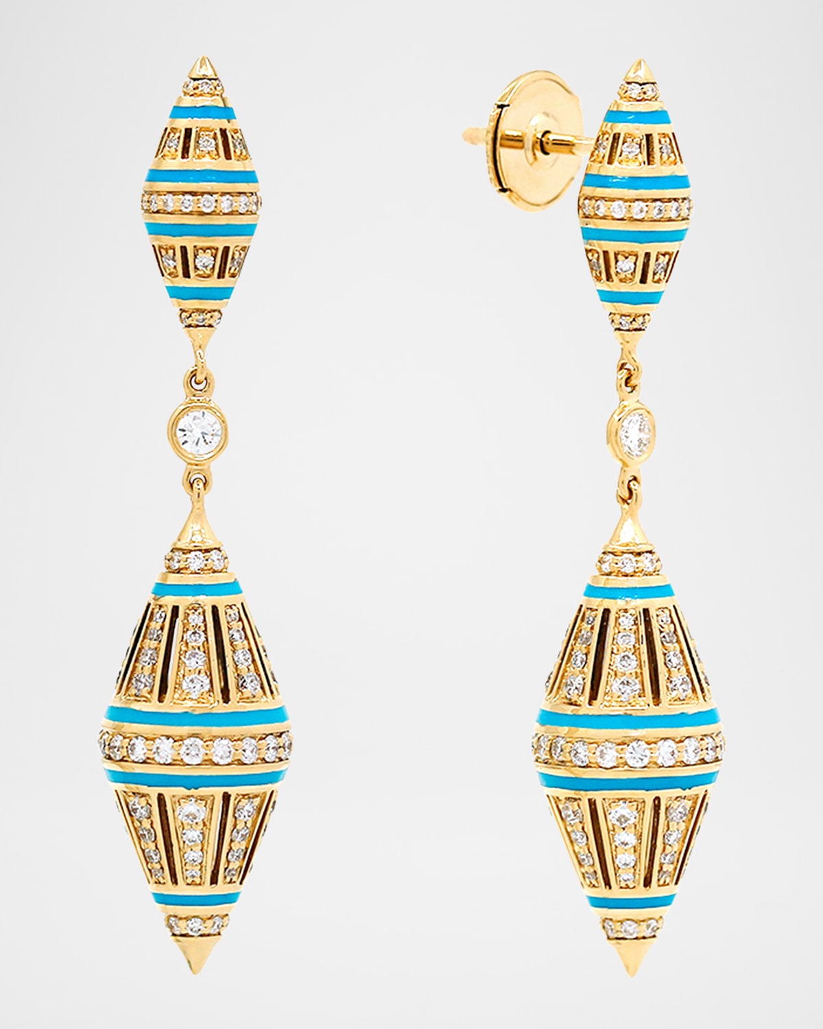 Merriyah Hanging Stud Earrings in 18K Yellow Gold, Turquoise HyCeram and White Diamonds