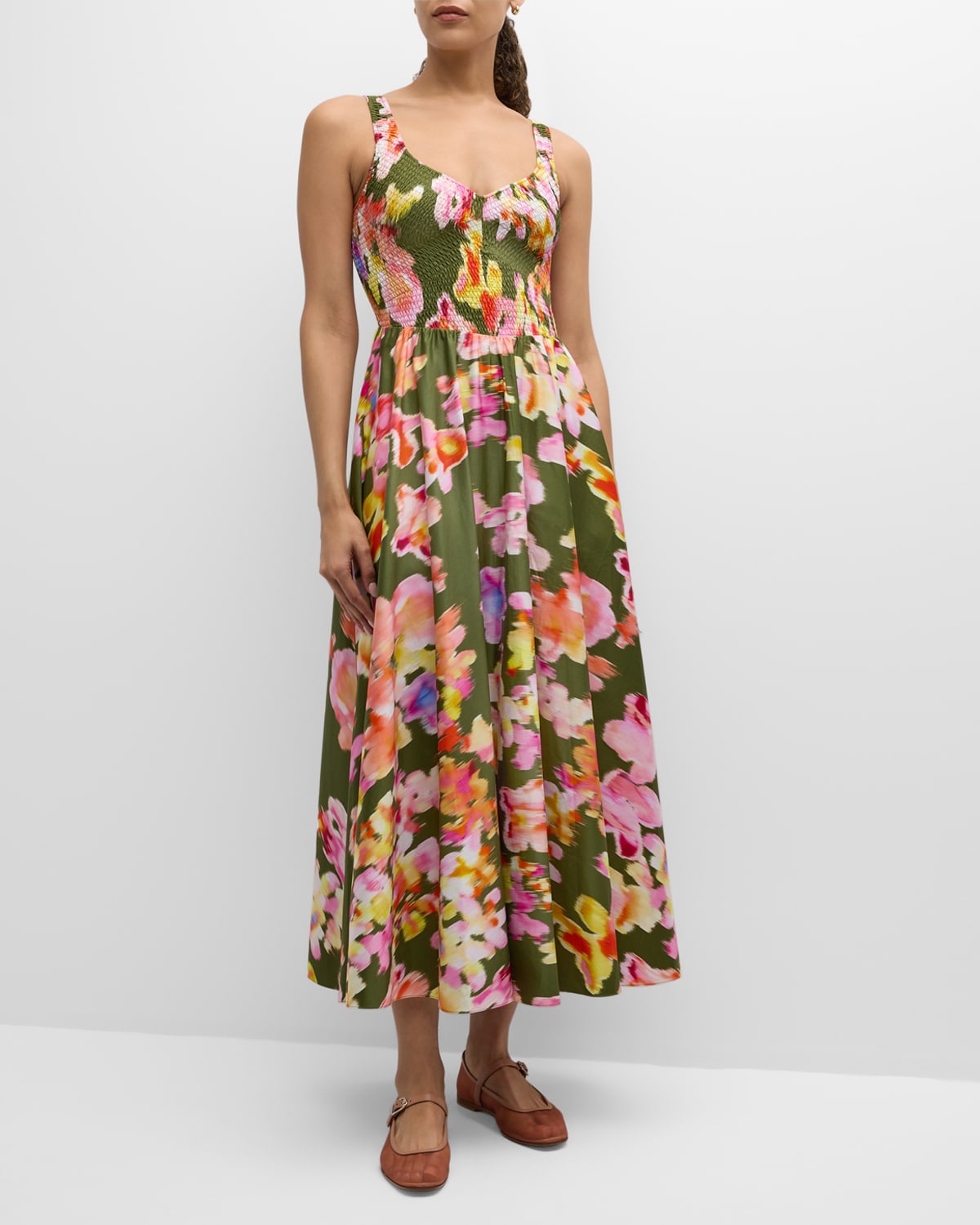 Shop La Ligne Floral Smocked Maxi Dress In Khaki Greenpink