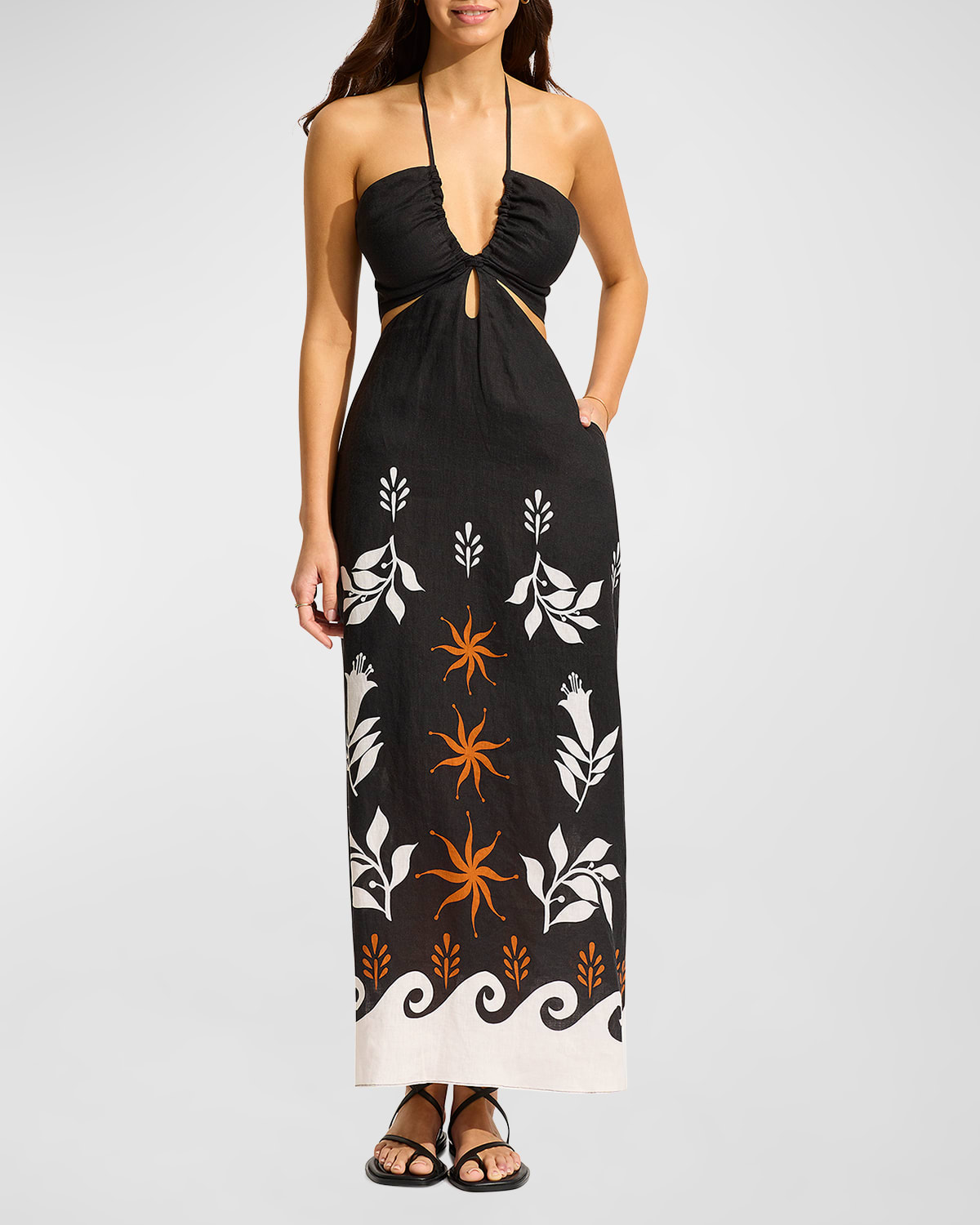 Shop Seafolly La Palma Cutout Linen Midi Dress In Black