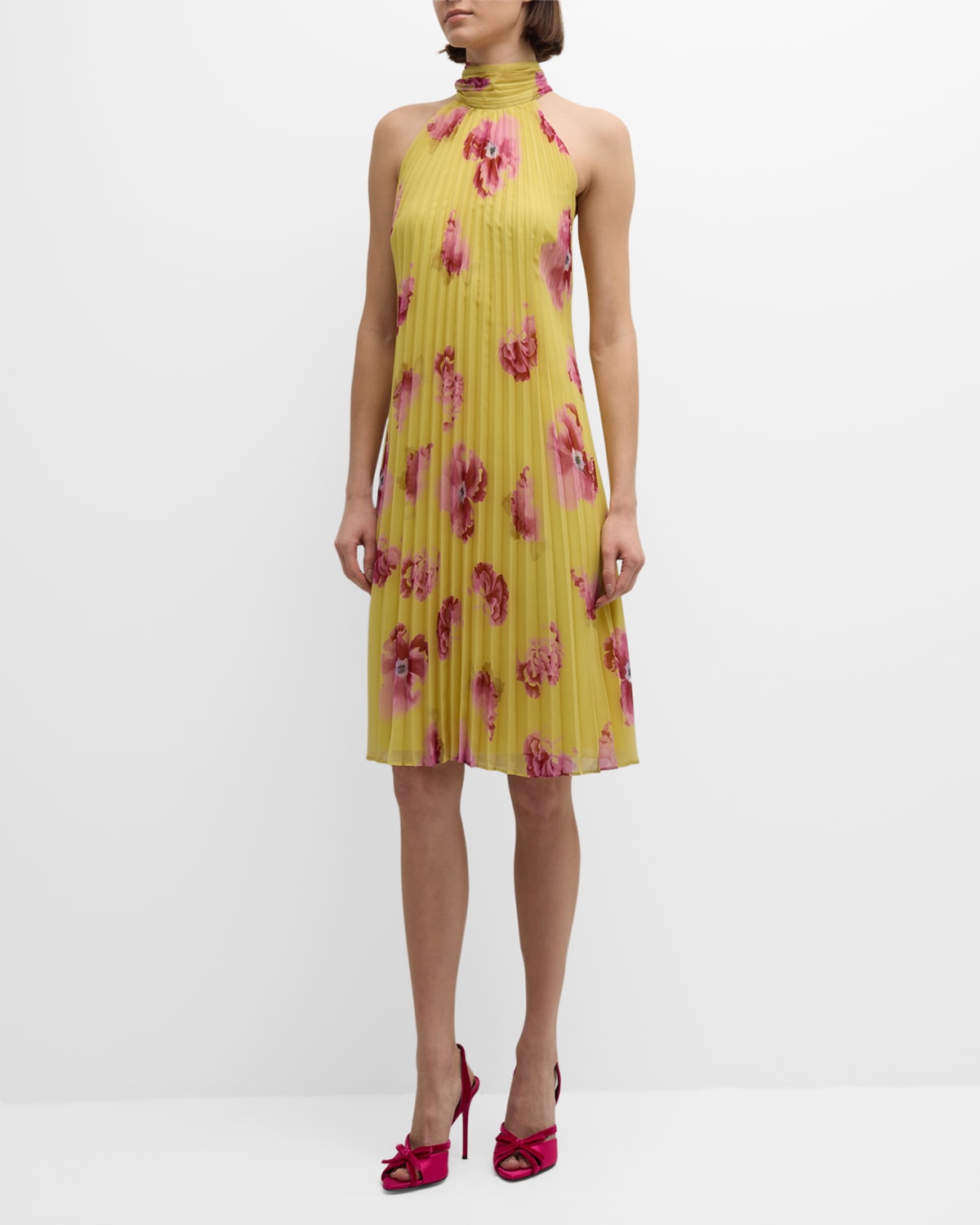 Pleated Floral-Print Chiffon Halter Midi Dress