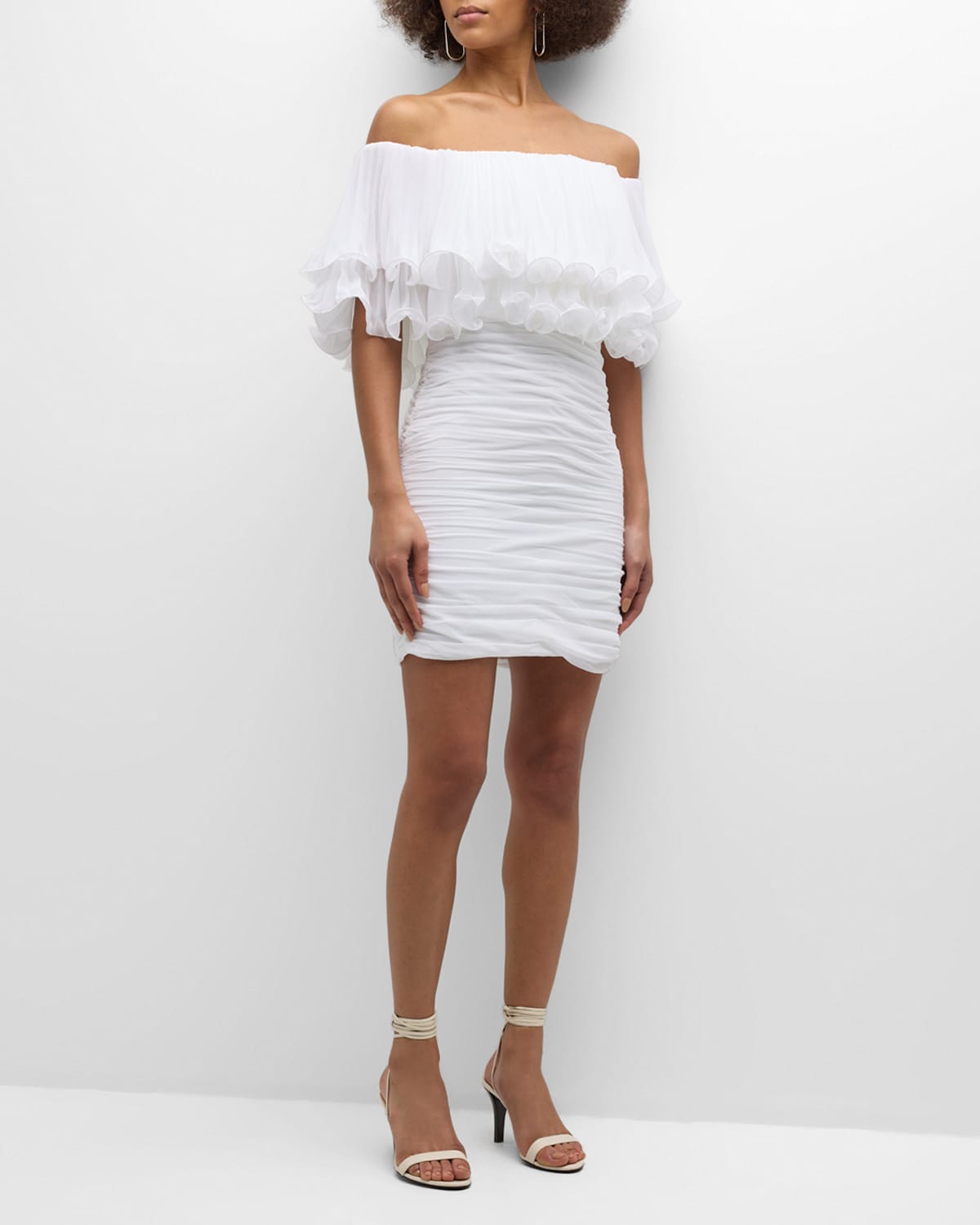Milan Ruched Off-Shoulder Ruffle Mini Dress