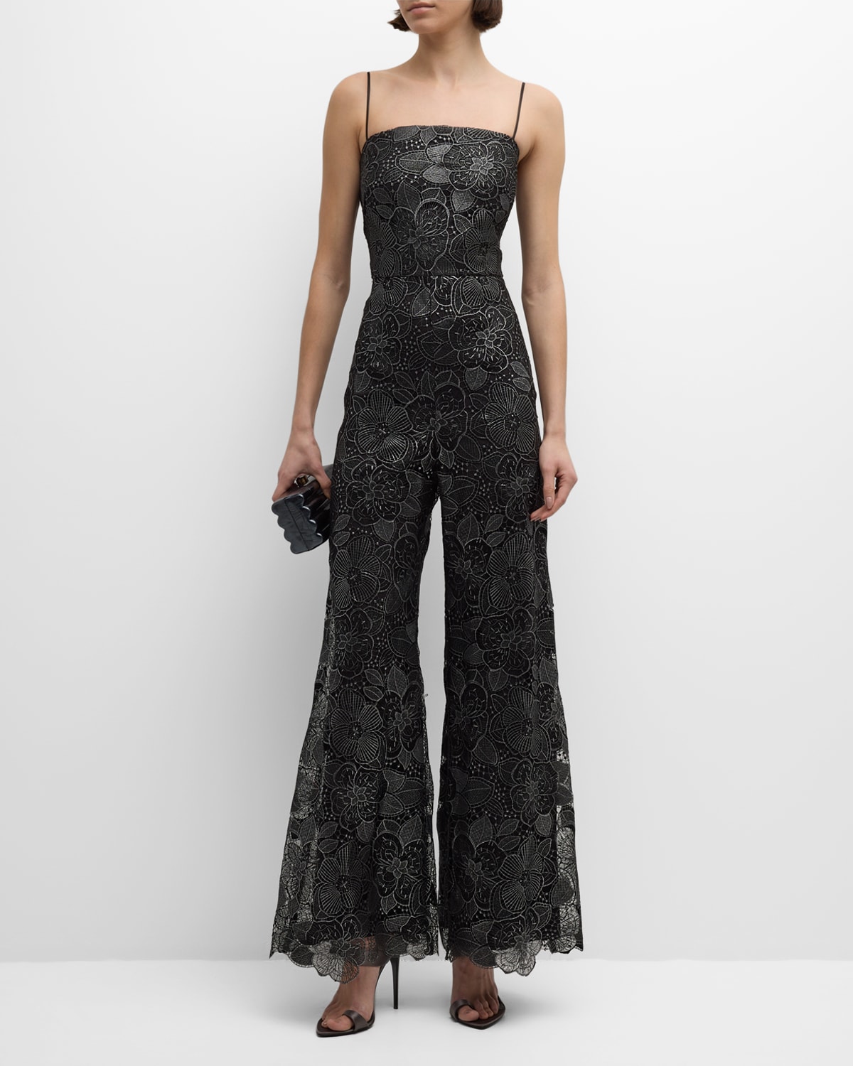 Shop Ungaro Wide-leg Metallic Floral Lace Jumpsuit In Blacksilver