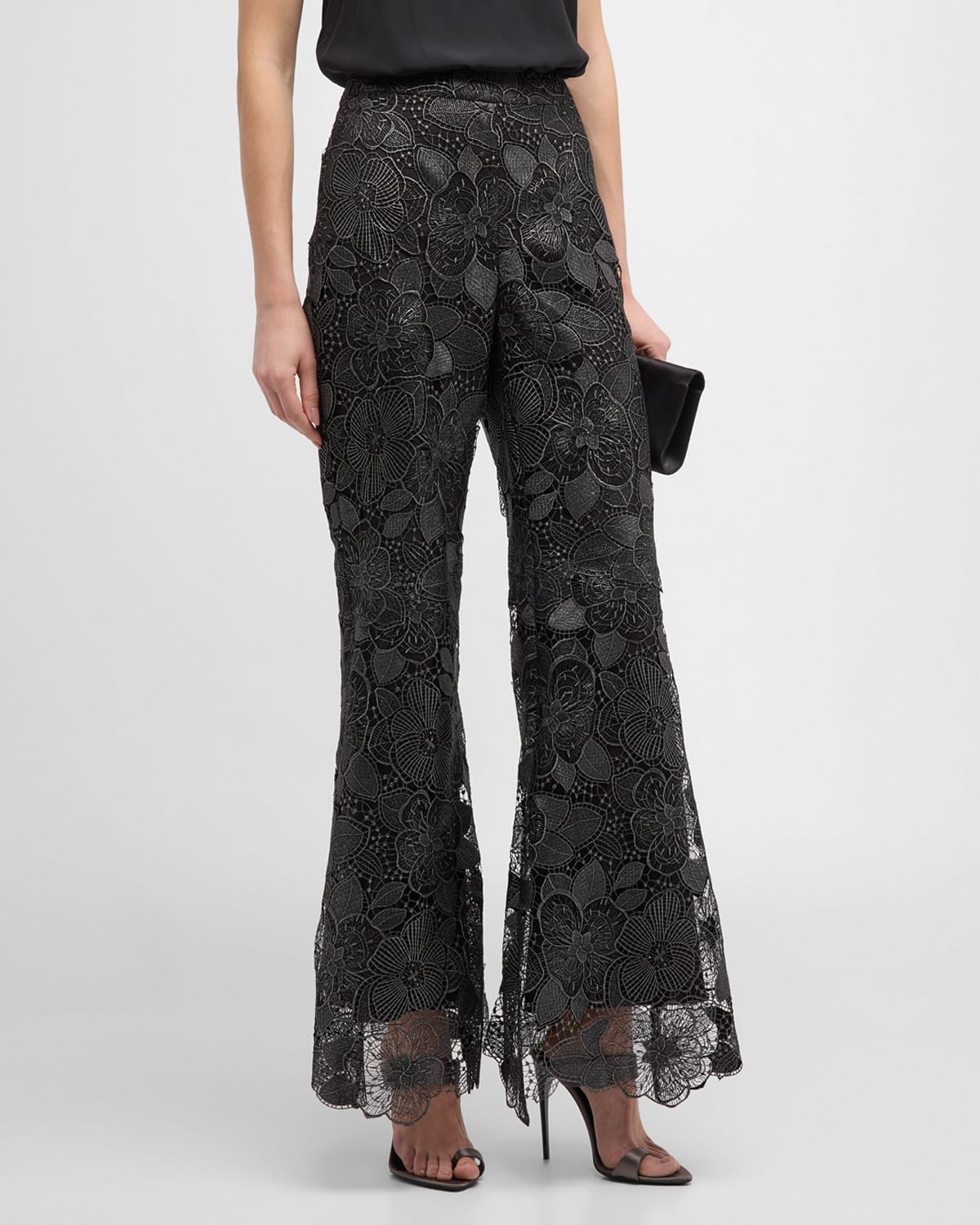 Flare-Leg Metallic Floral Lace Pants
