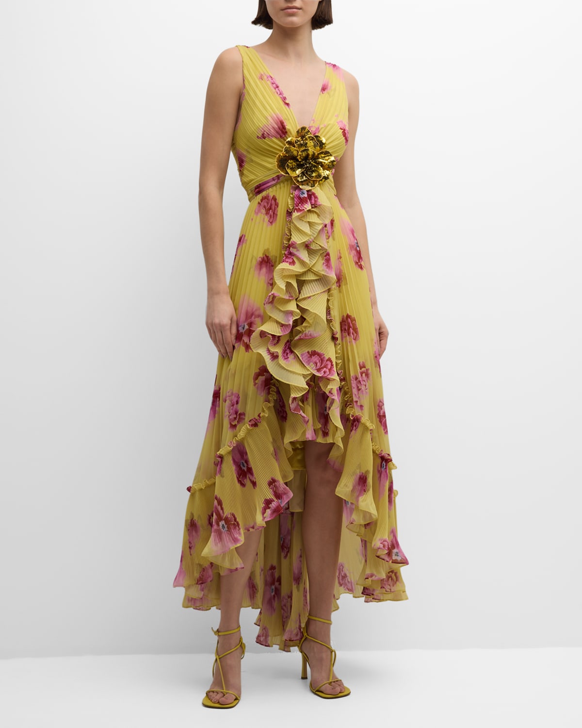 High-Low Pleated Floral-Print Chiffon Gown