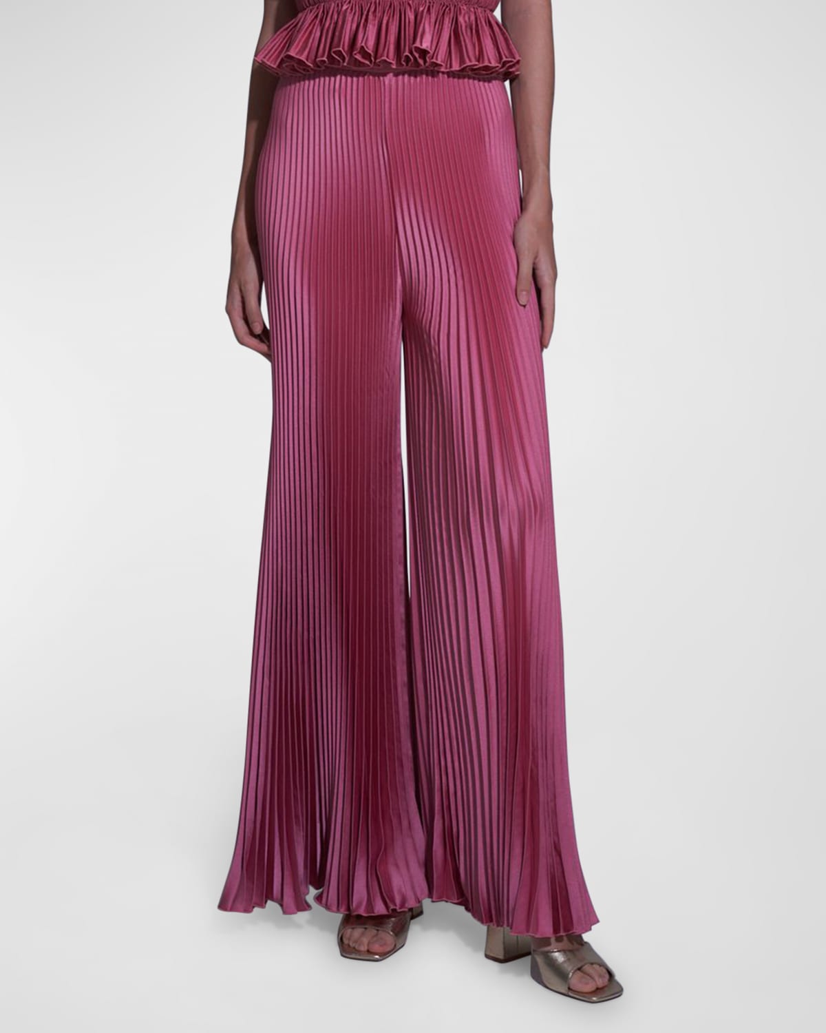 L'idée Bisous Pleated Wide-leg Satin Trousers In Dusty Rose