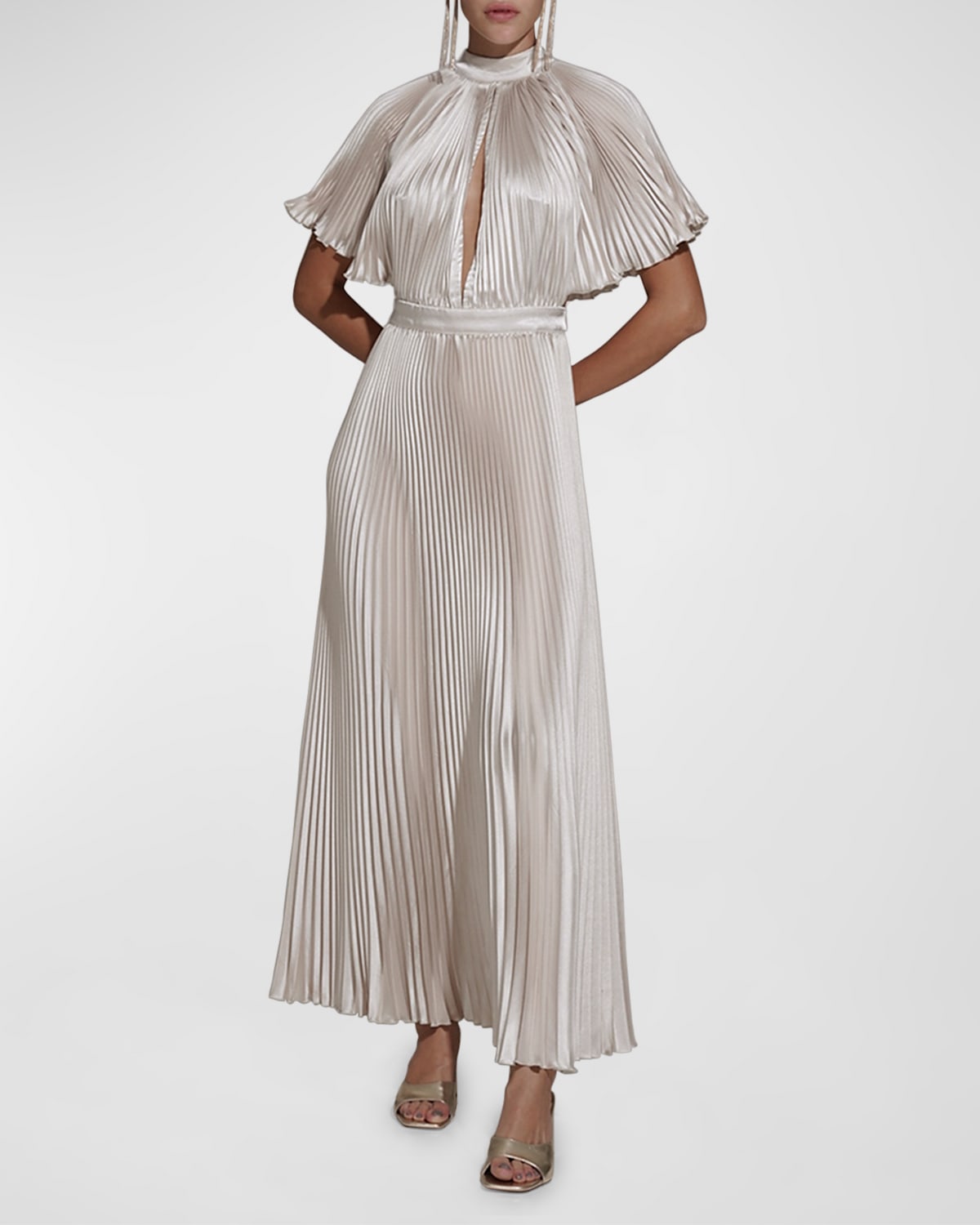 L'idée Elite Pleated Flared-sleeve Cutout Gown In Champagne