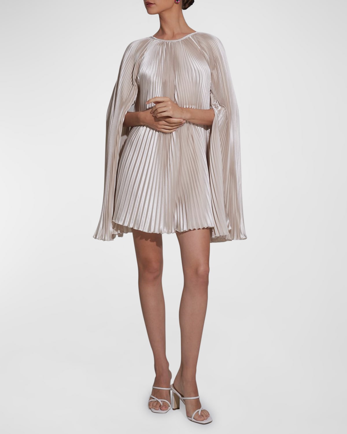 L'idée Palais Pleated Satin Split-sleeve Mini Dress In Champagne