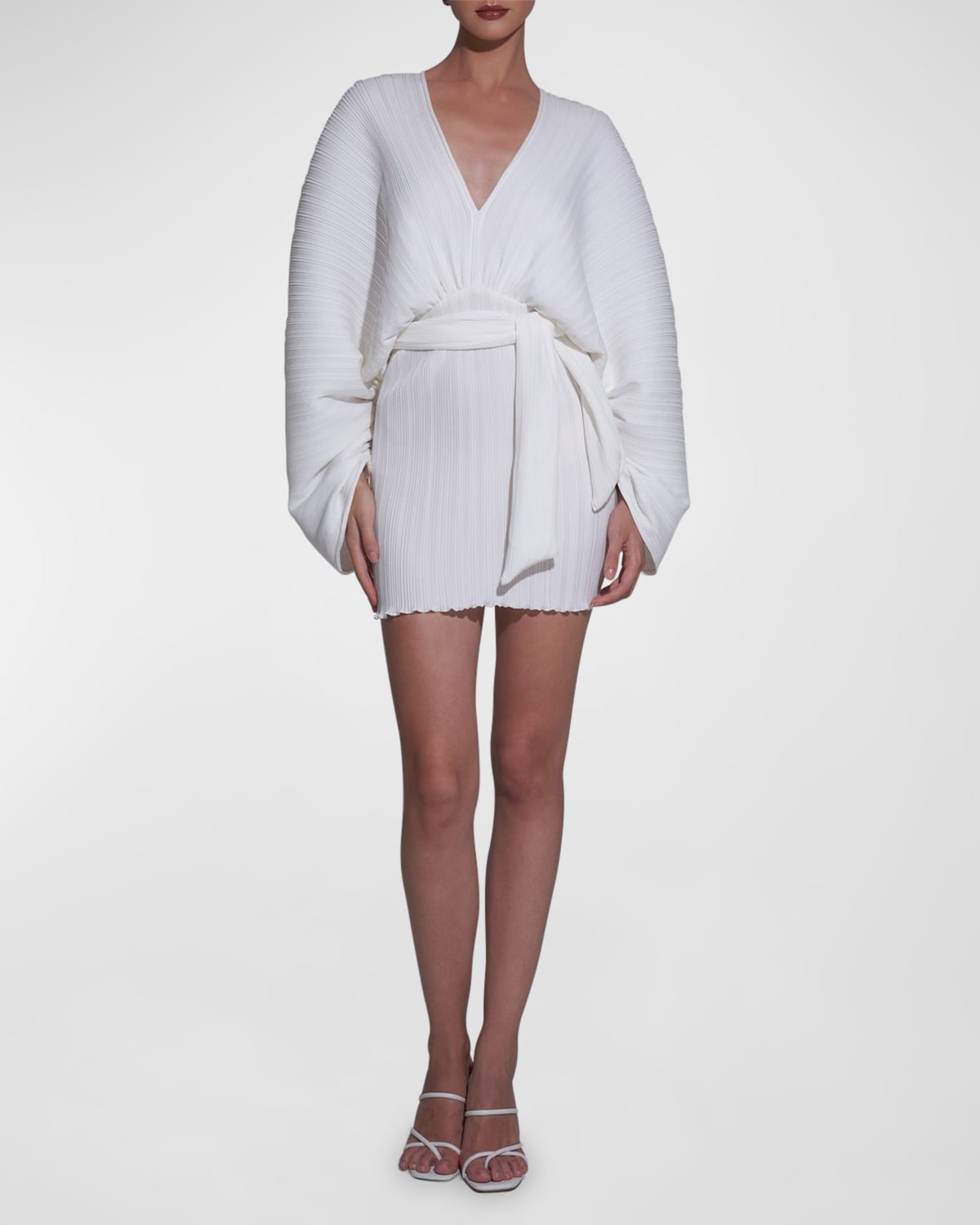 Shop L'idée Galerie Pleated Crepe V-neck Mini Dress In Blanc Heavy Crepe
