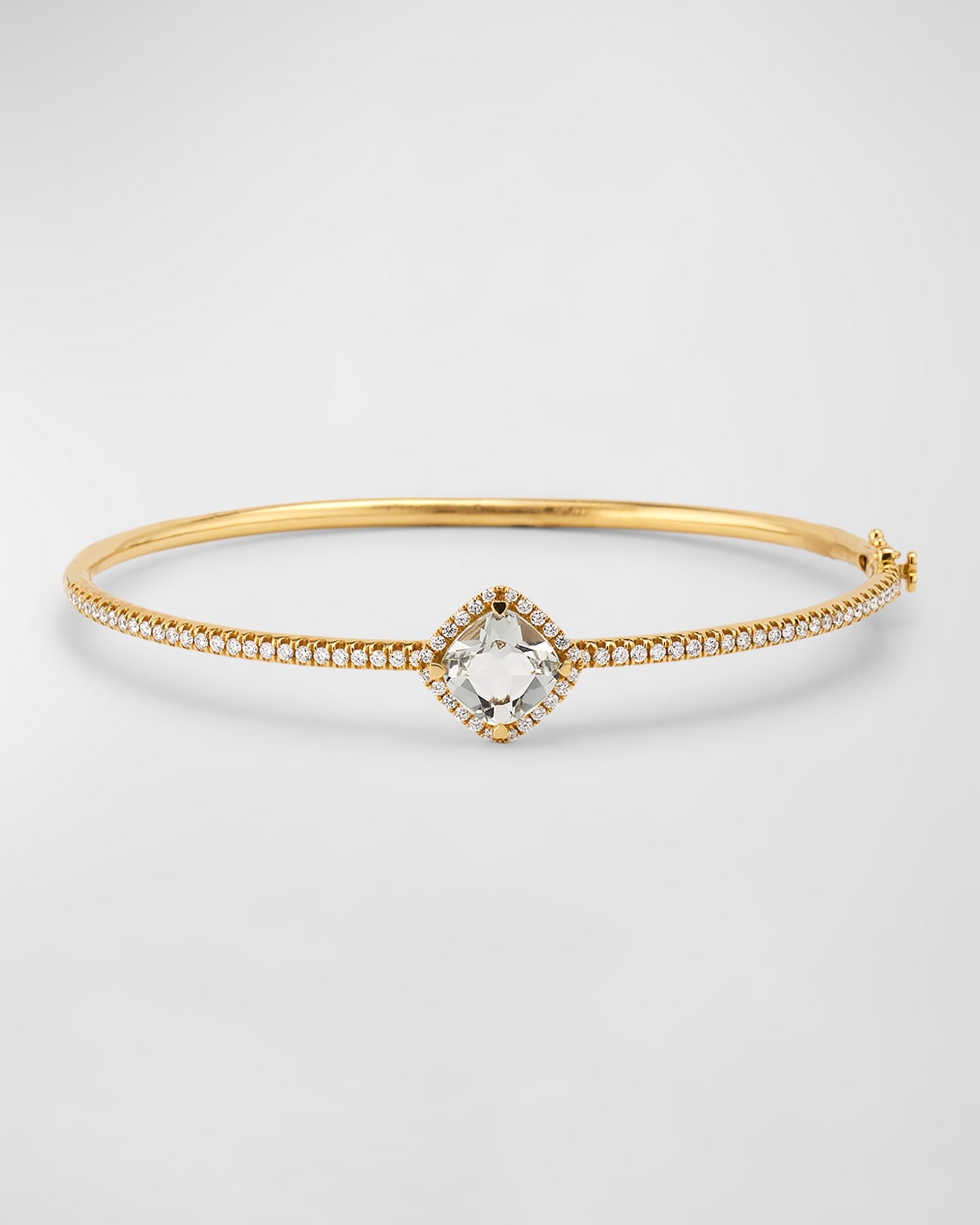 Rocks 18K Yellow Gold Petite Cushion Cut Green Quartz and Diamond Halo Bangle Bracelet