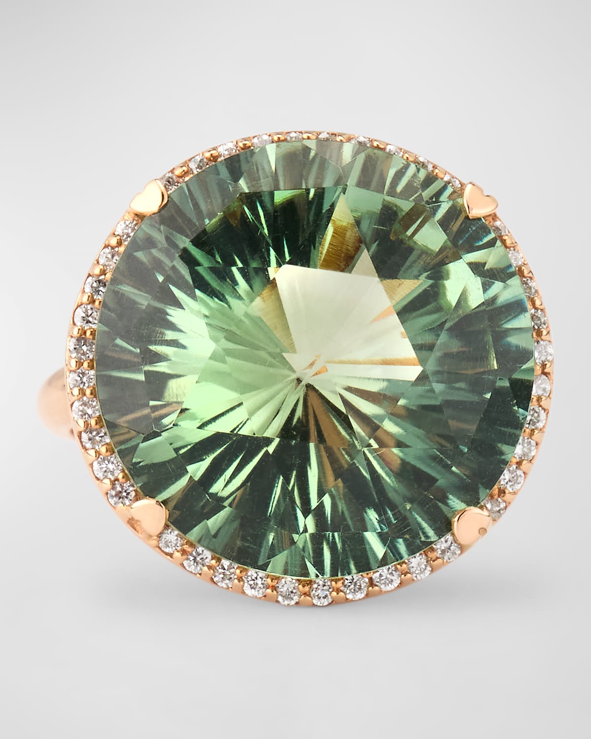 18K Rose Gold Ring with Green Quartz and Diamonds, Size 6