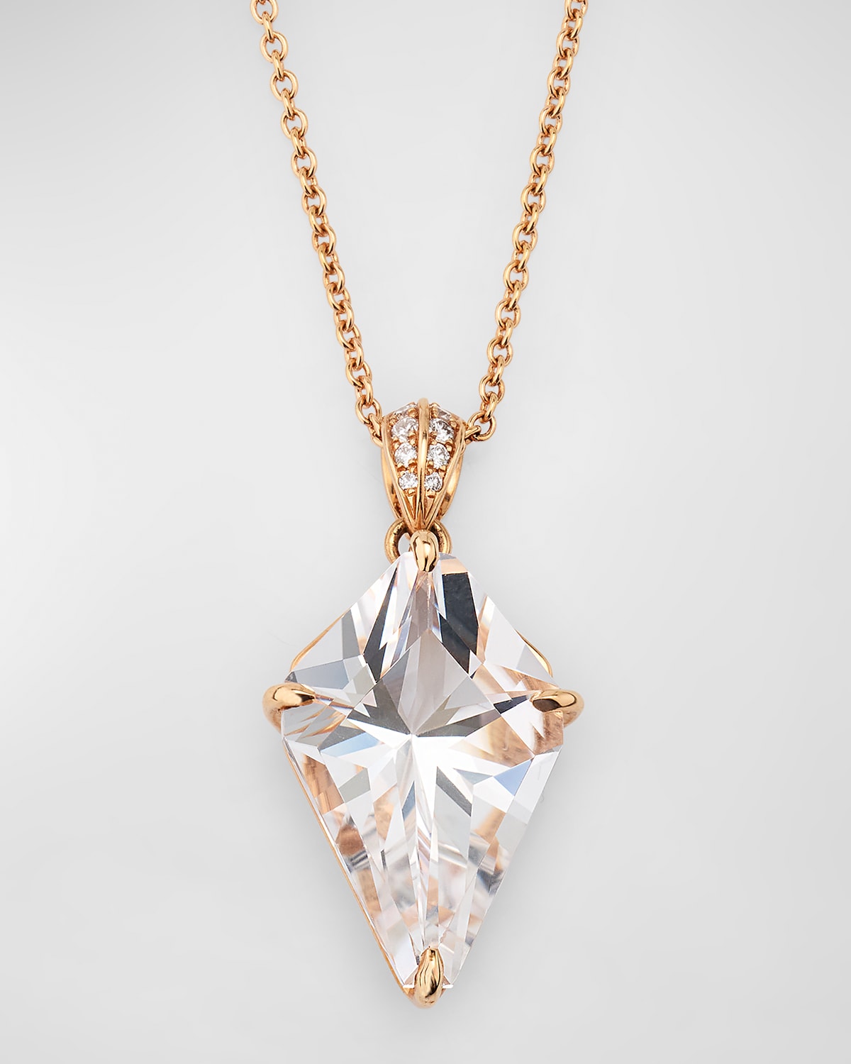 18K Rose Gold Kite Shaped Clear Quartz Pendant Necklace with Diamonds