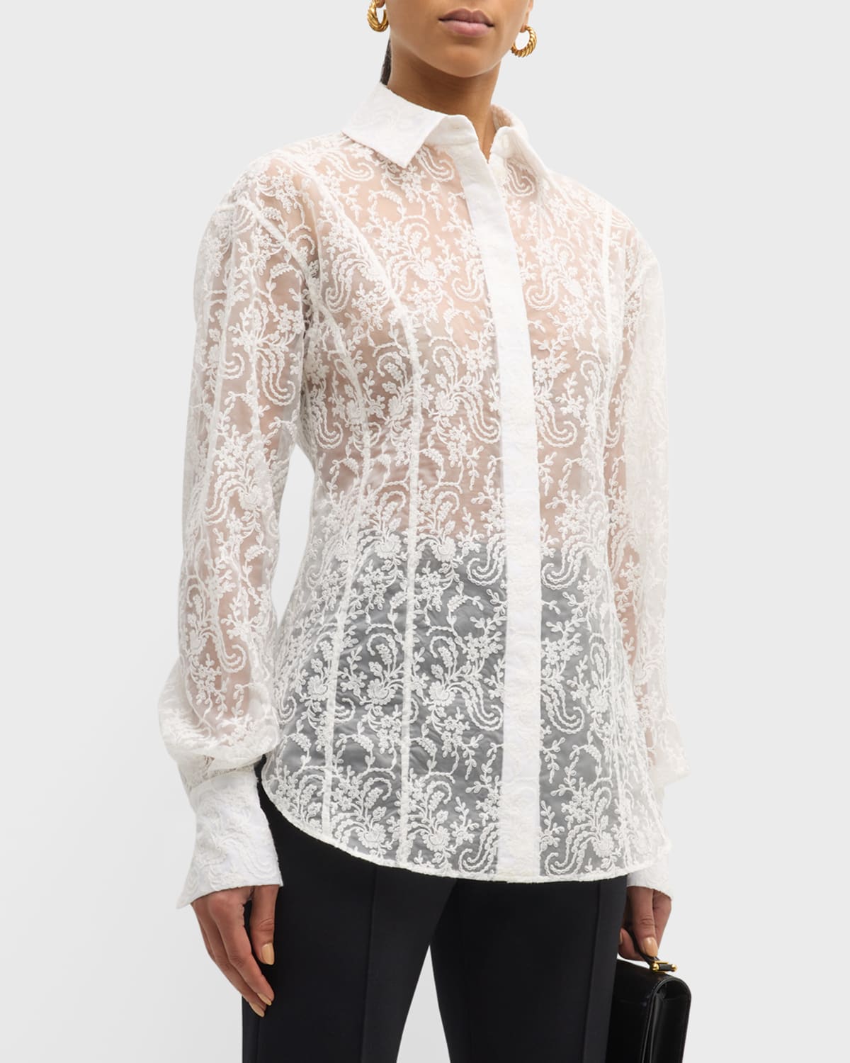Adeam Margot Floral Sheer Button Down Shirt In White