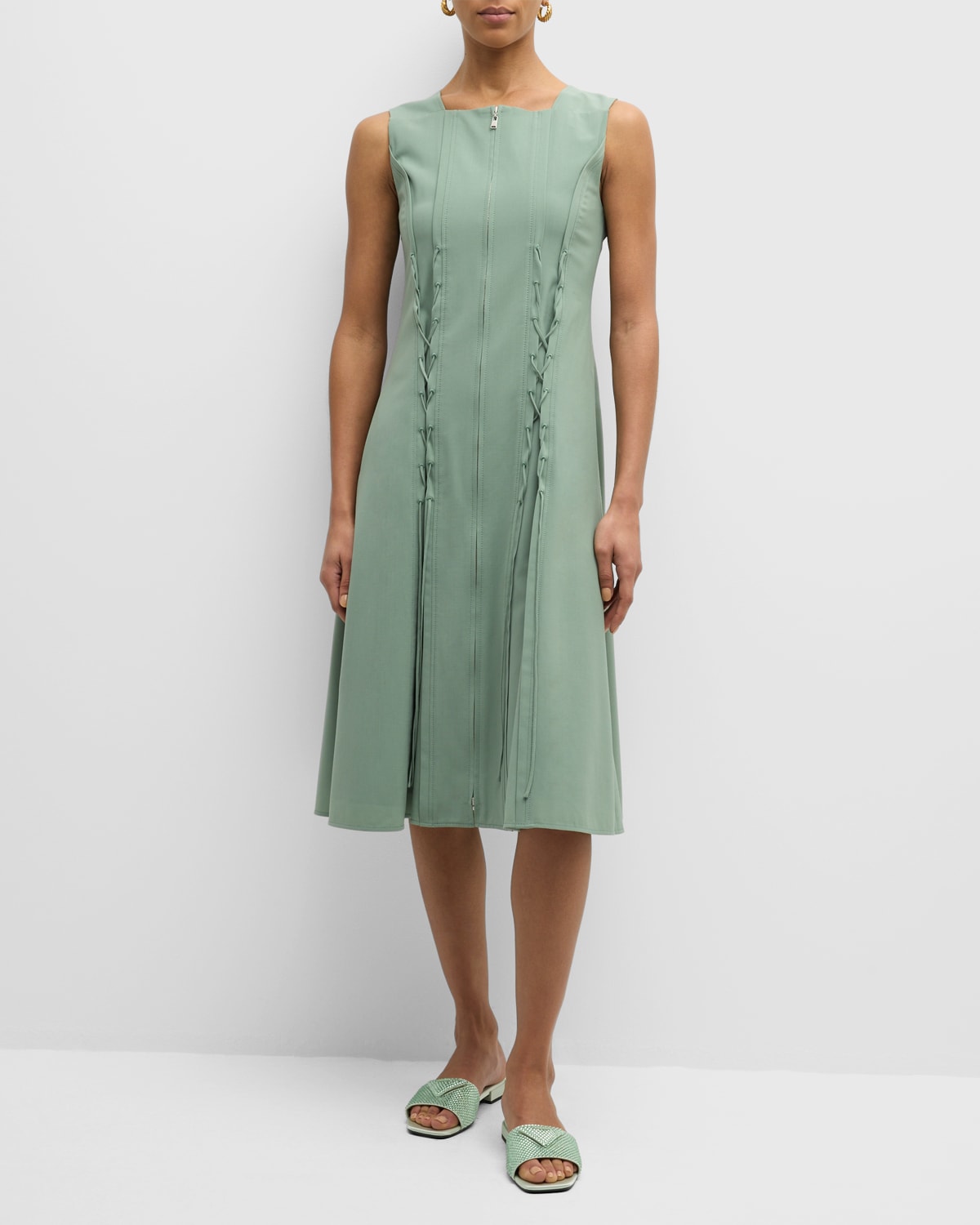 Adeam Giselle Midi Dress With Lace-up Detail In Sage Green