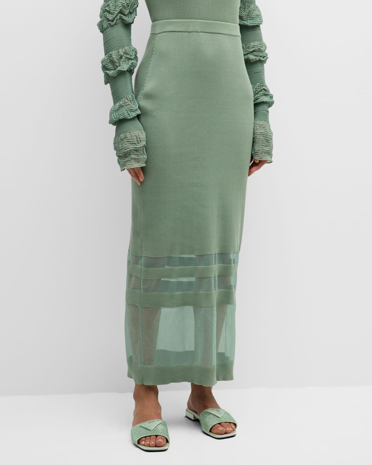 Adeam Cassandra Knit Maxi Skirt With Mesh Detail In Sage Green