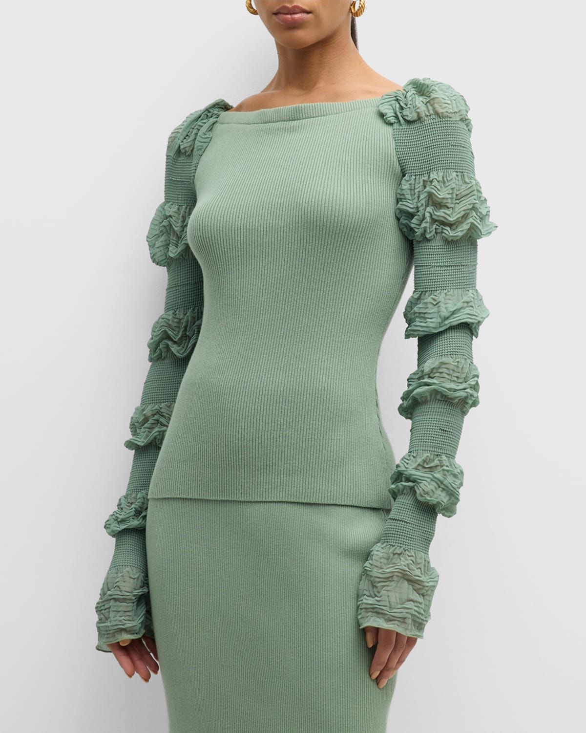 Adeam Devon Boatneck Ribbed Puff-sleeve Top In Sage Green