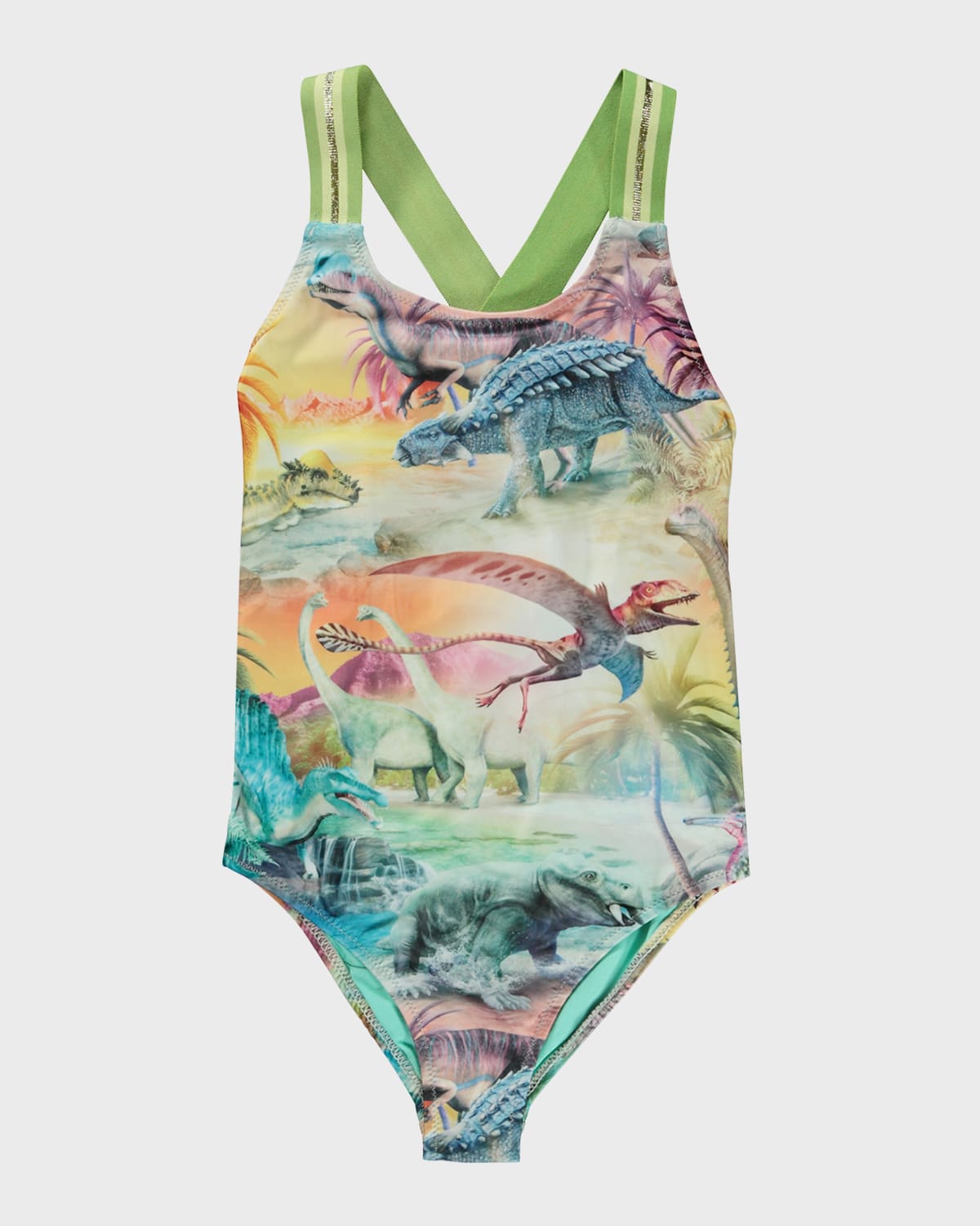 Molo Kids' Girl's Neve Dino Paradis One-piece Swimsuit In Green