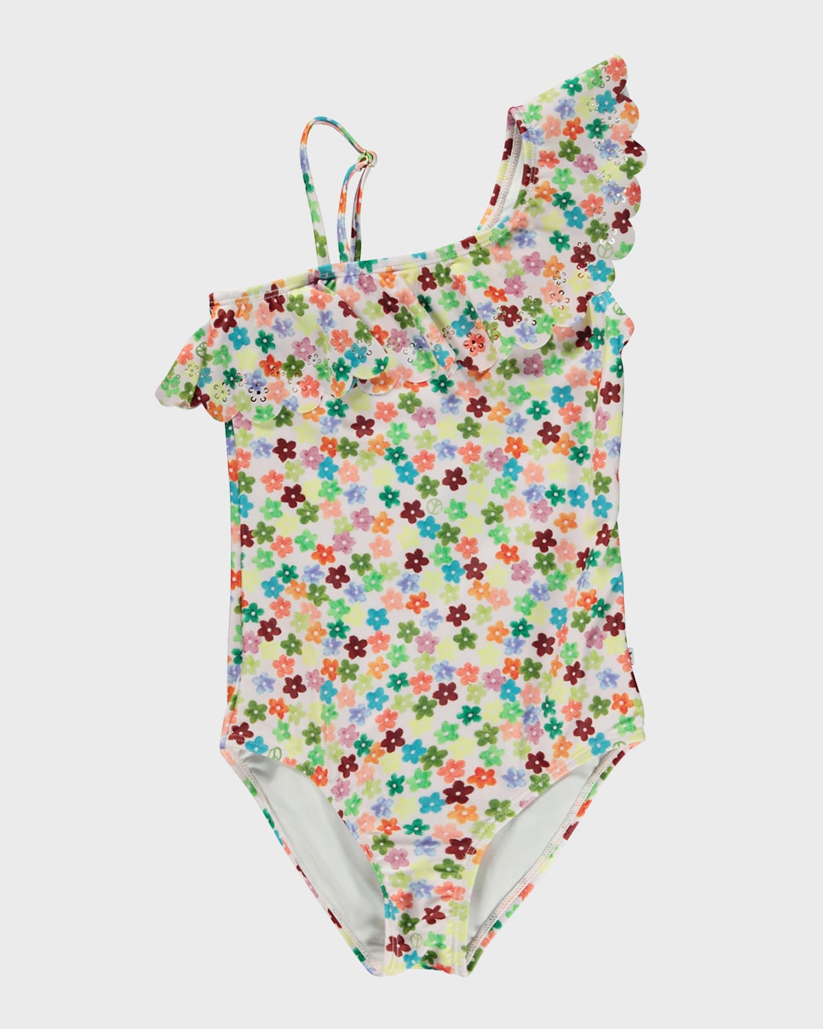 Molo Kids' Girl's Net Ruffle-shoulder One-piece Swimsuit In Flower Petit