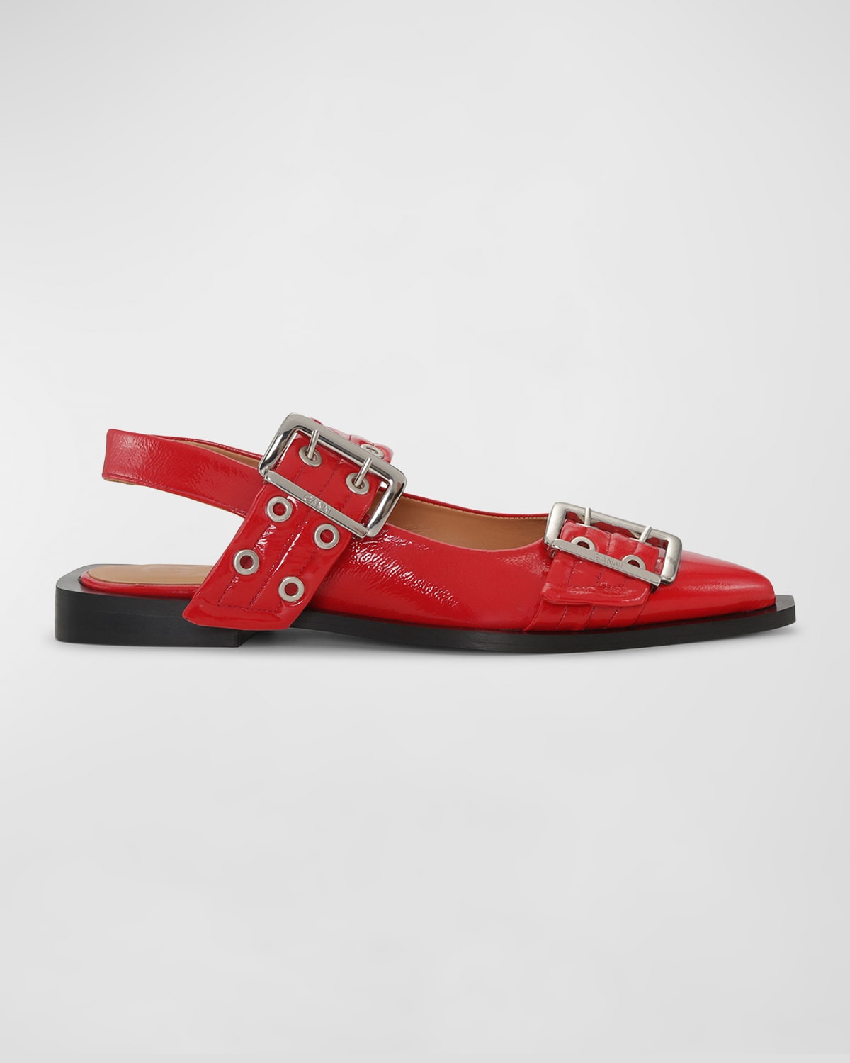 Ganni Red Wide Welt Buckle Ballerina Flats In Racing Red
