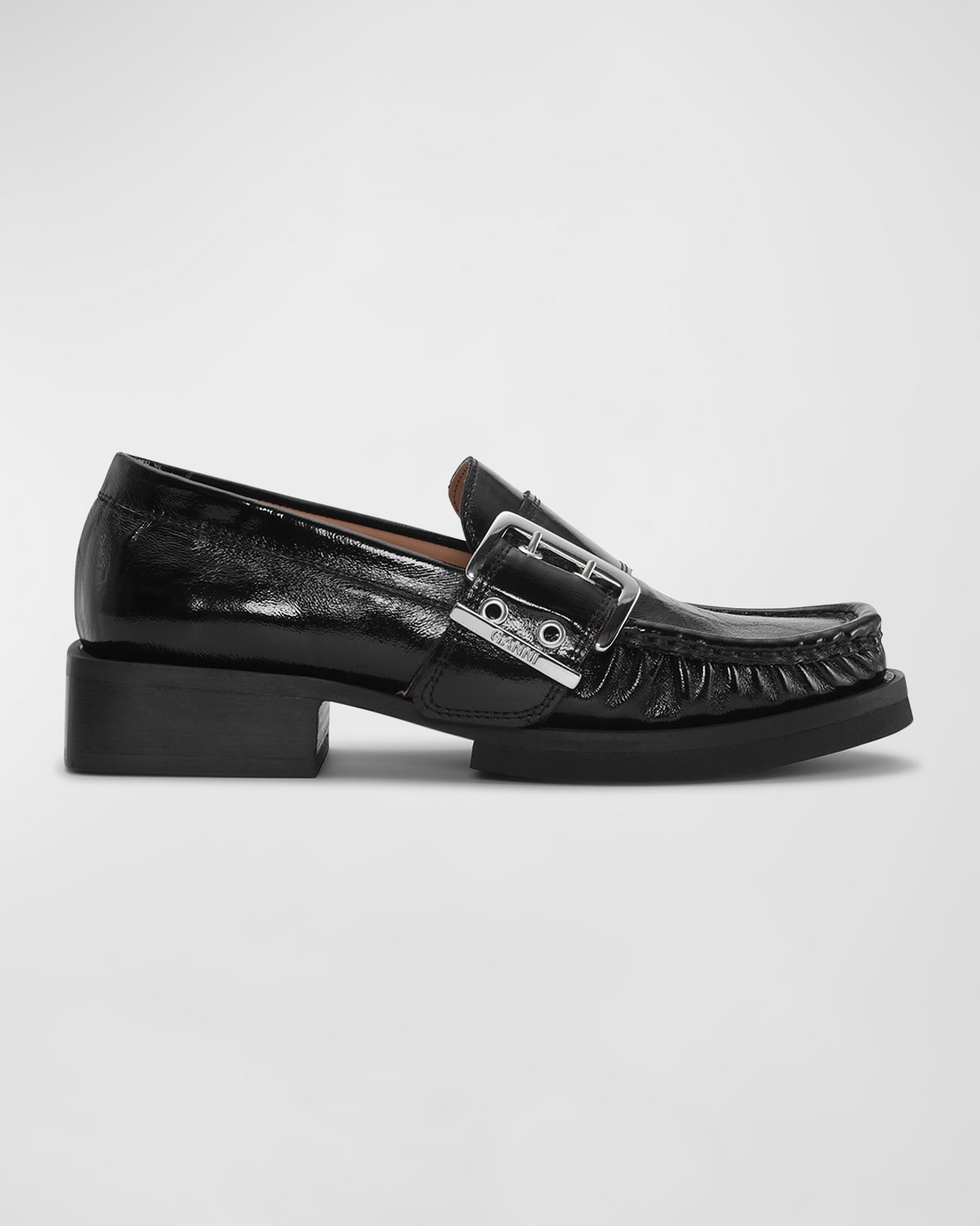 Ganni + Net Sustain Feminine Buckled Recycled Faux Patent-leather Loafers In Black