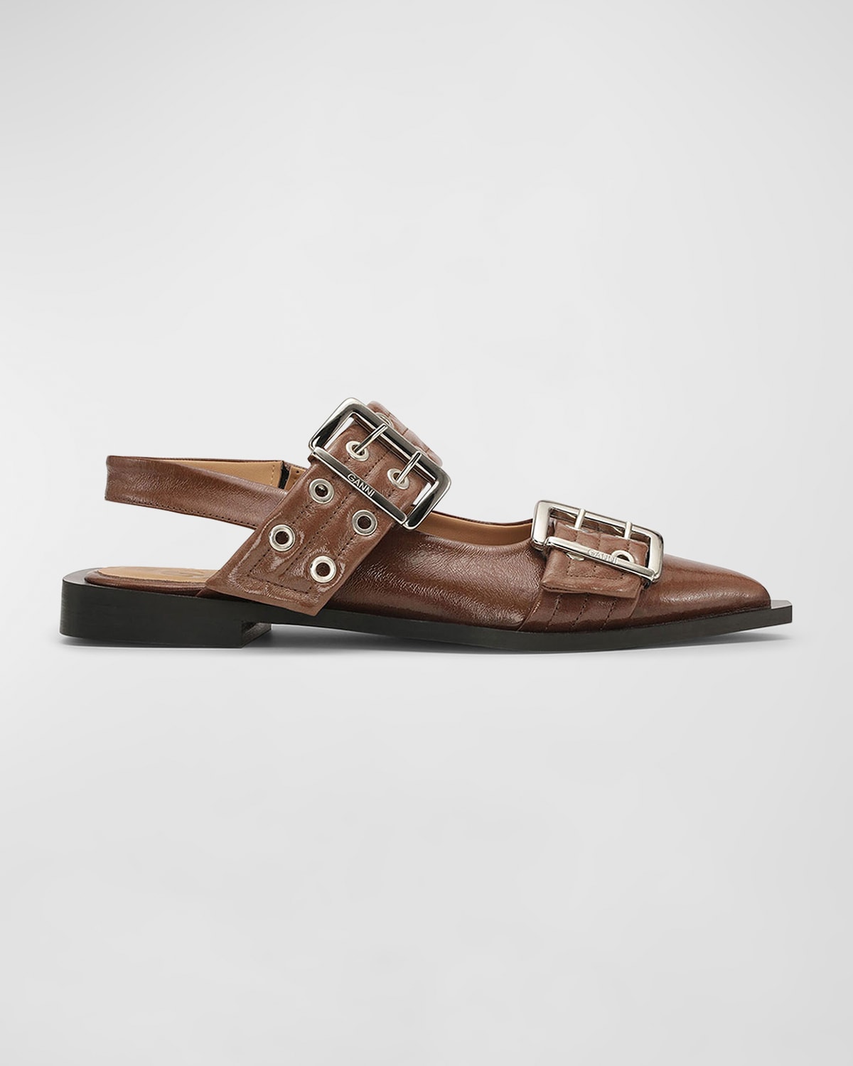 Ganni Buckle Ballerina Leather Slingback Flats In Fossil