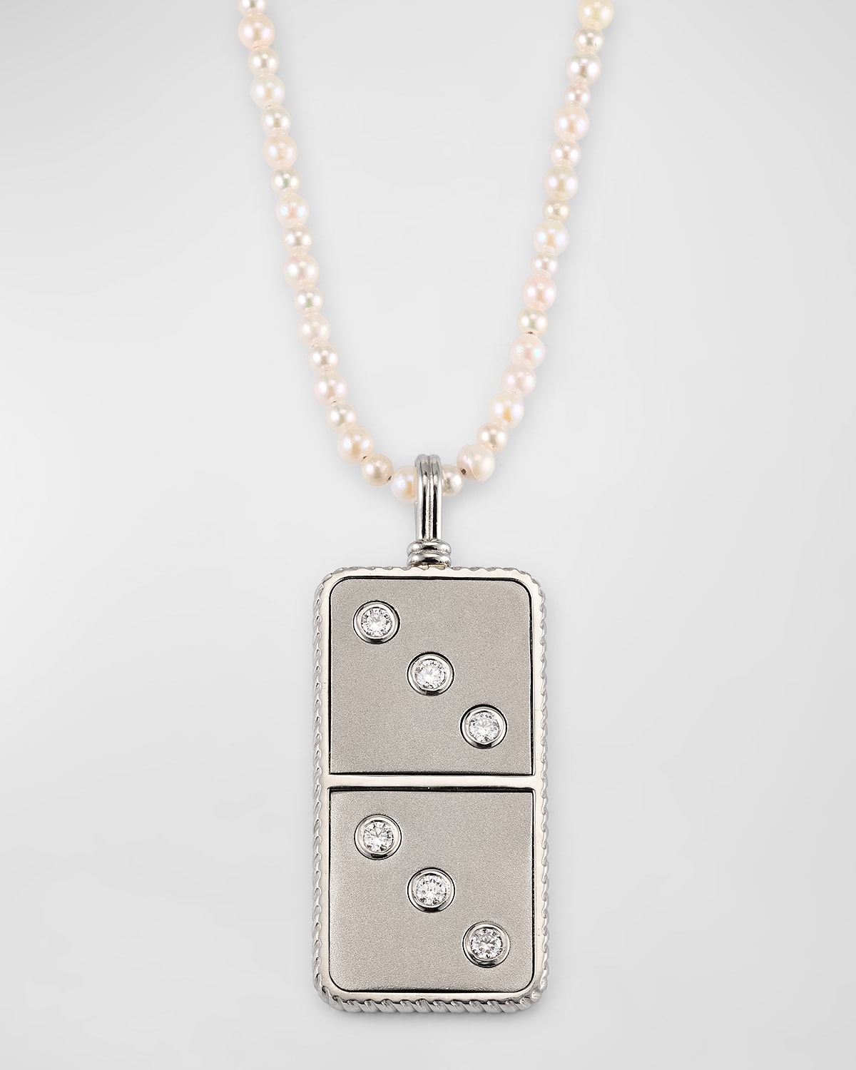 Platinum and Diamond Domino Pendant on Akoya Pearl Necklace, 30"L