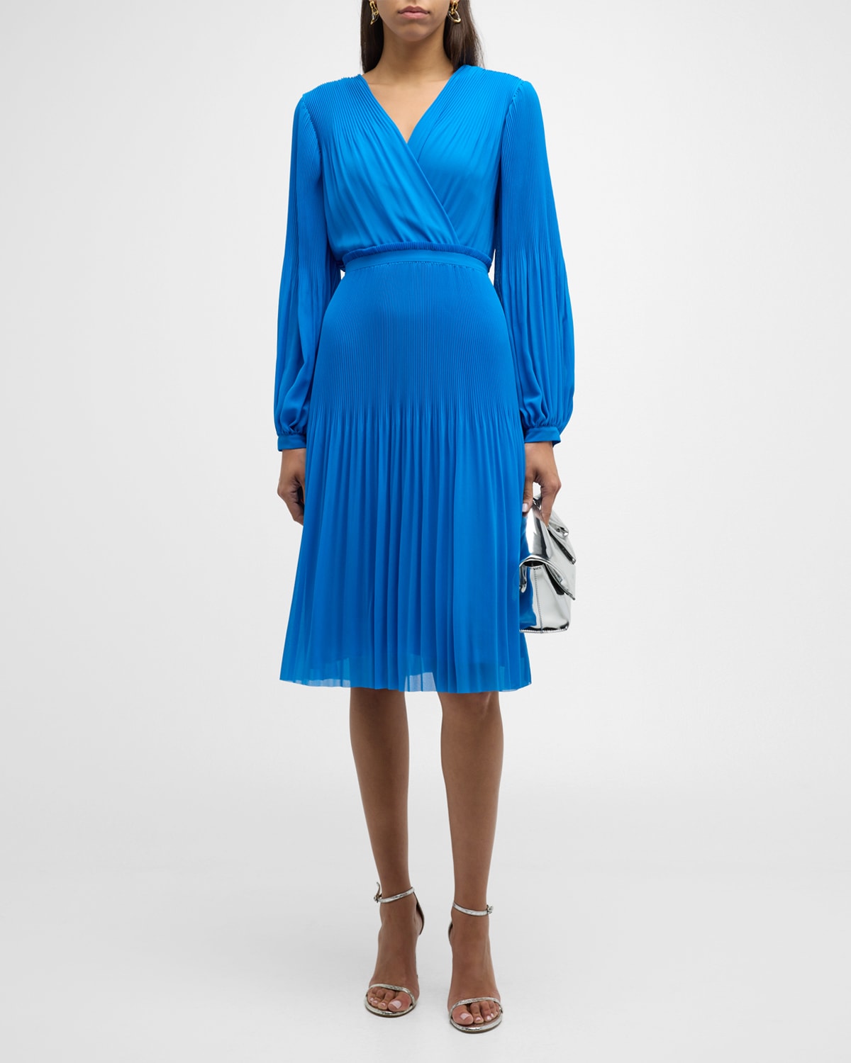 The Aniya Pleated Blouson-Sleeve Midi Dress