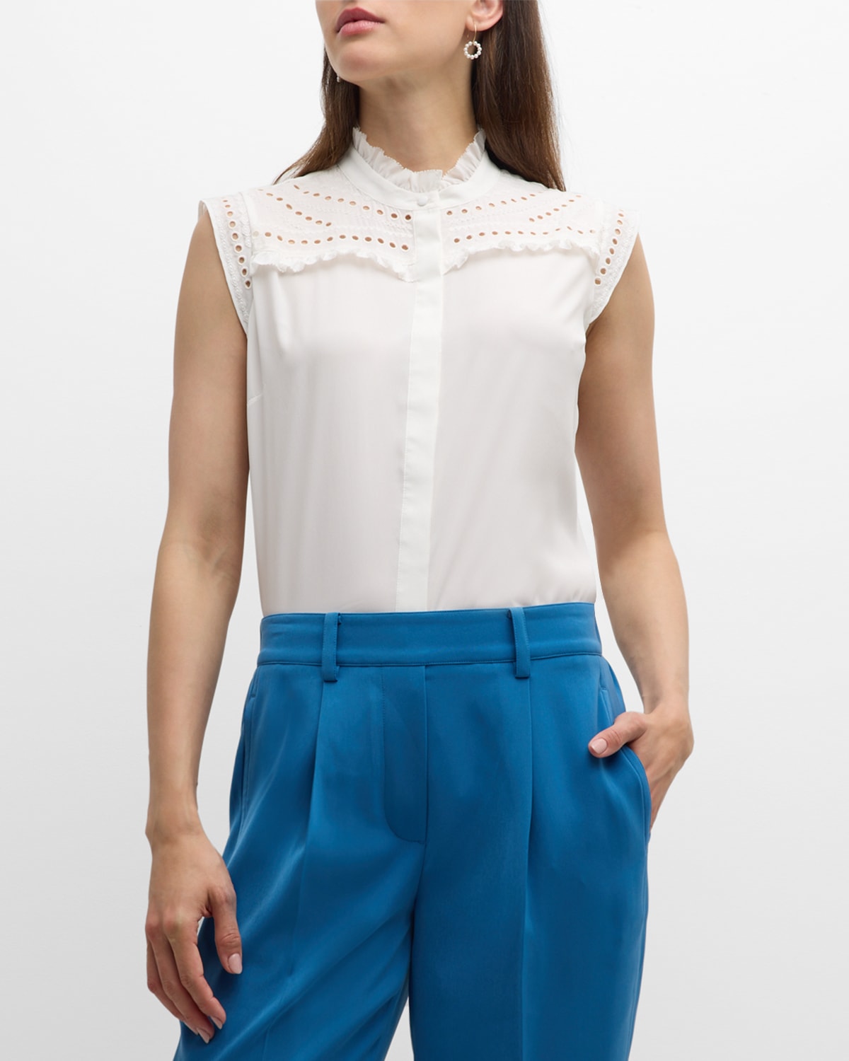 Shop Elie Tahari The Terrin Eyelet-embroidered Ruffle Blouse In Sky White