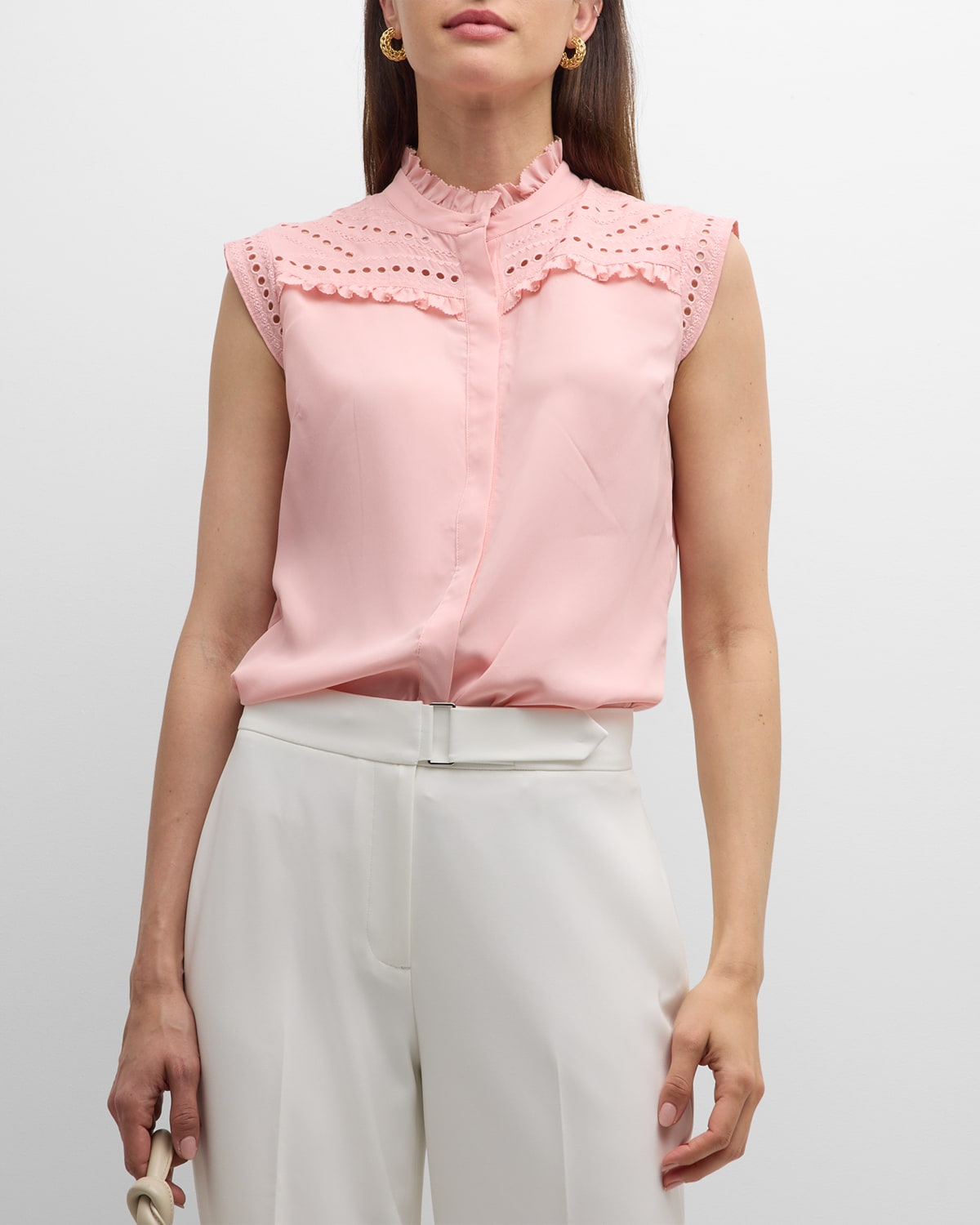 Shop Elie Tahari The Terrin Eyelet-embroidered Ruffle Blouse In Tailor Pink