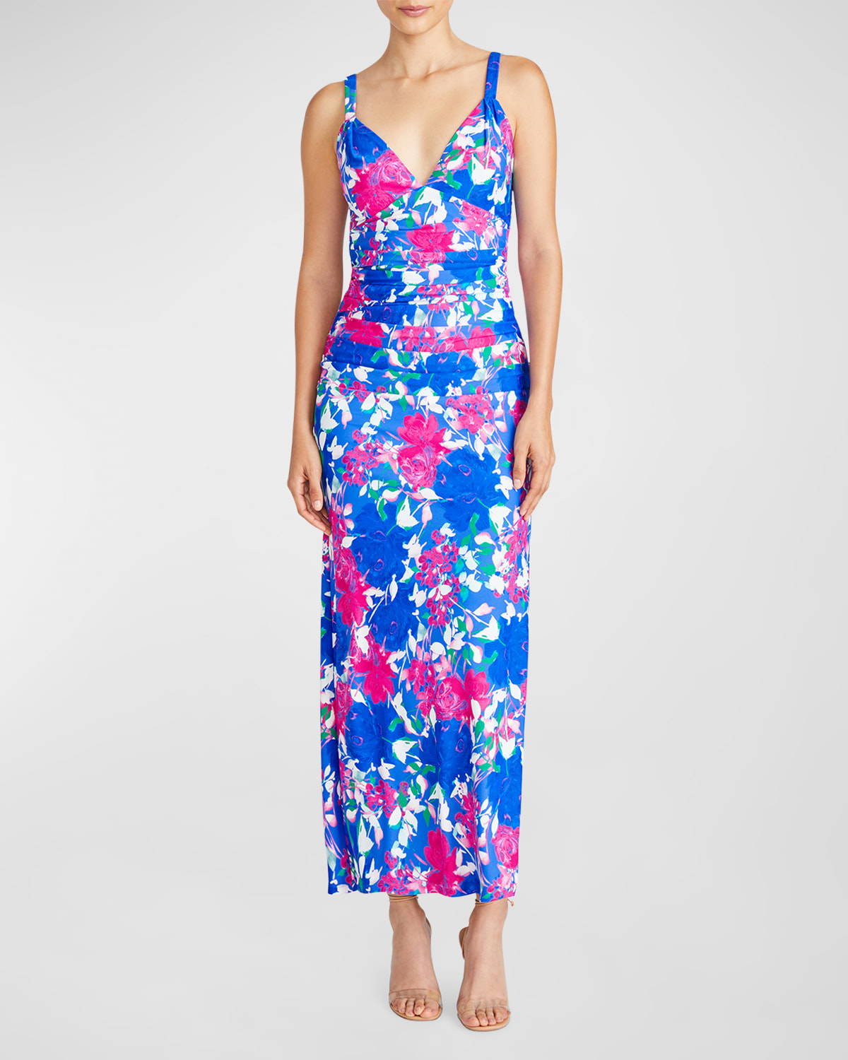 Shop ml Monique Lhuillier Claudia Pleated Floral-print Jersey Maxi Dress In Hydrangea Gardens