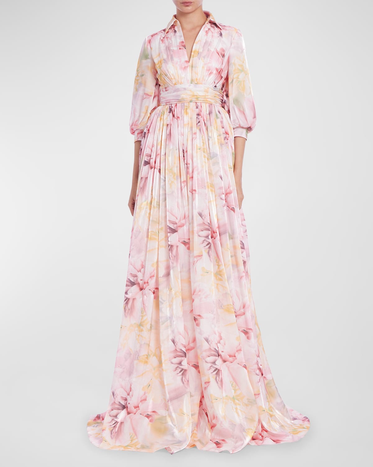 Shop Badgley Mischka Blouson-sleeve Shimmer Floral-print Empire Gown In Pk Mu