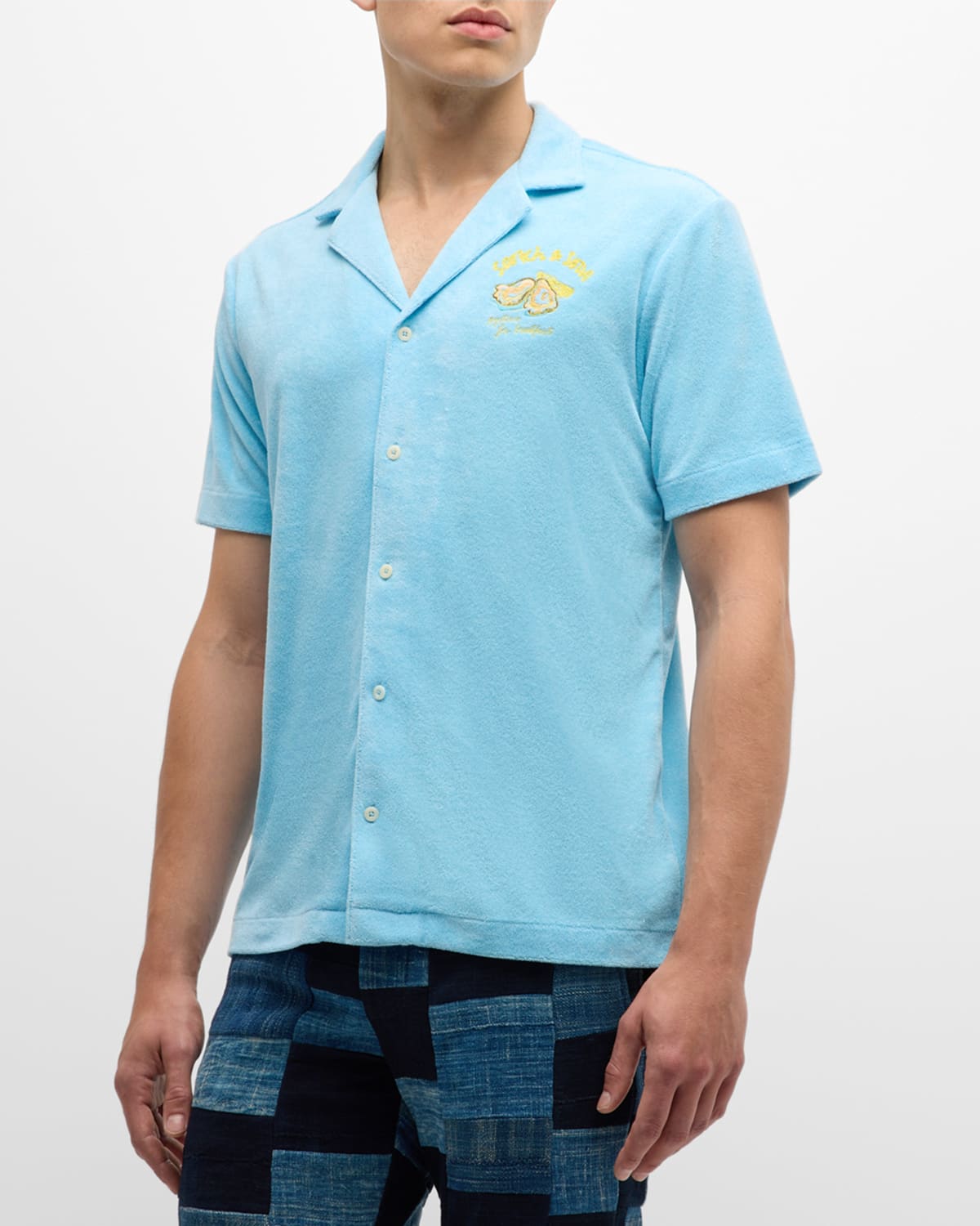 Shop Scotch & Soda Men's Solid Toweling Camp Shirt In Washed Neon Blue
