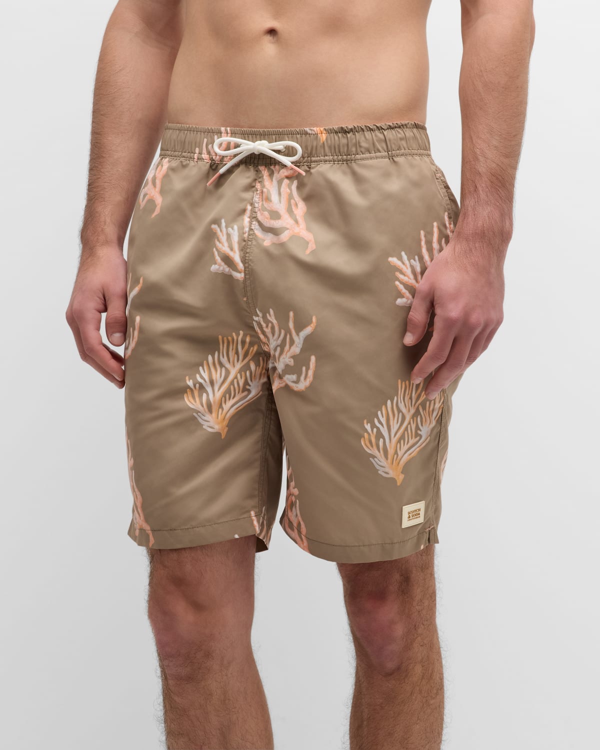 Shop Scotch & Soda Men's Long Coral-print Swim Shorts In Taupe Coral