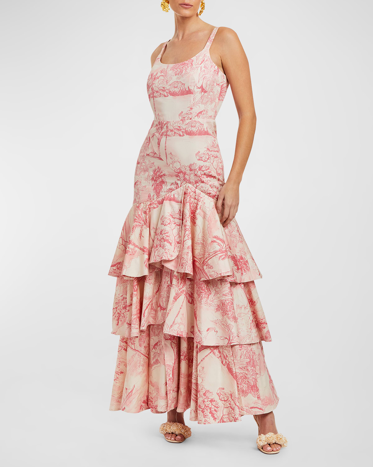 Mestiza New York Marseilles Tiered Ruffle Toile-print Gown In Pink Ivory