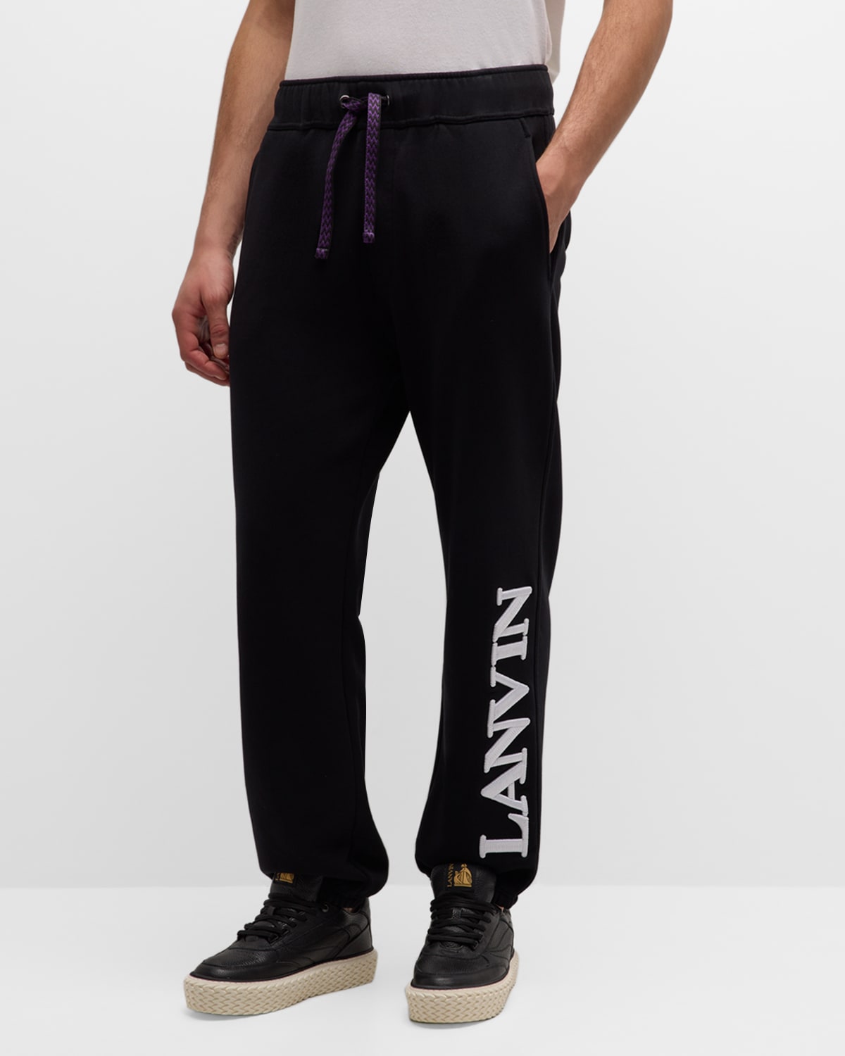 Shop Lanvin Men's Logo Embroidered Cotton Sweatpants In Black