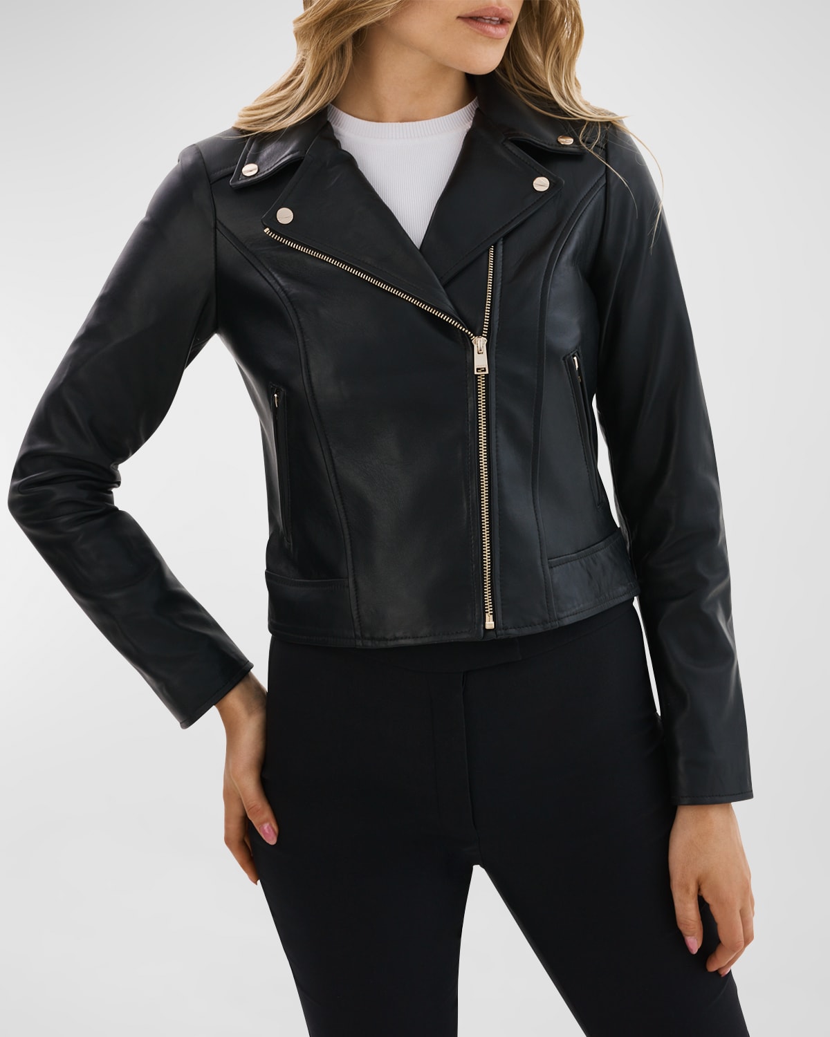 Shop Lamarque Kelsey Leather Biker Jacket In Black
