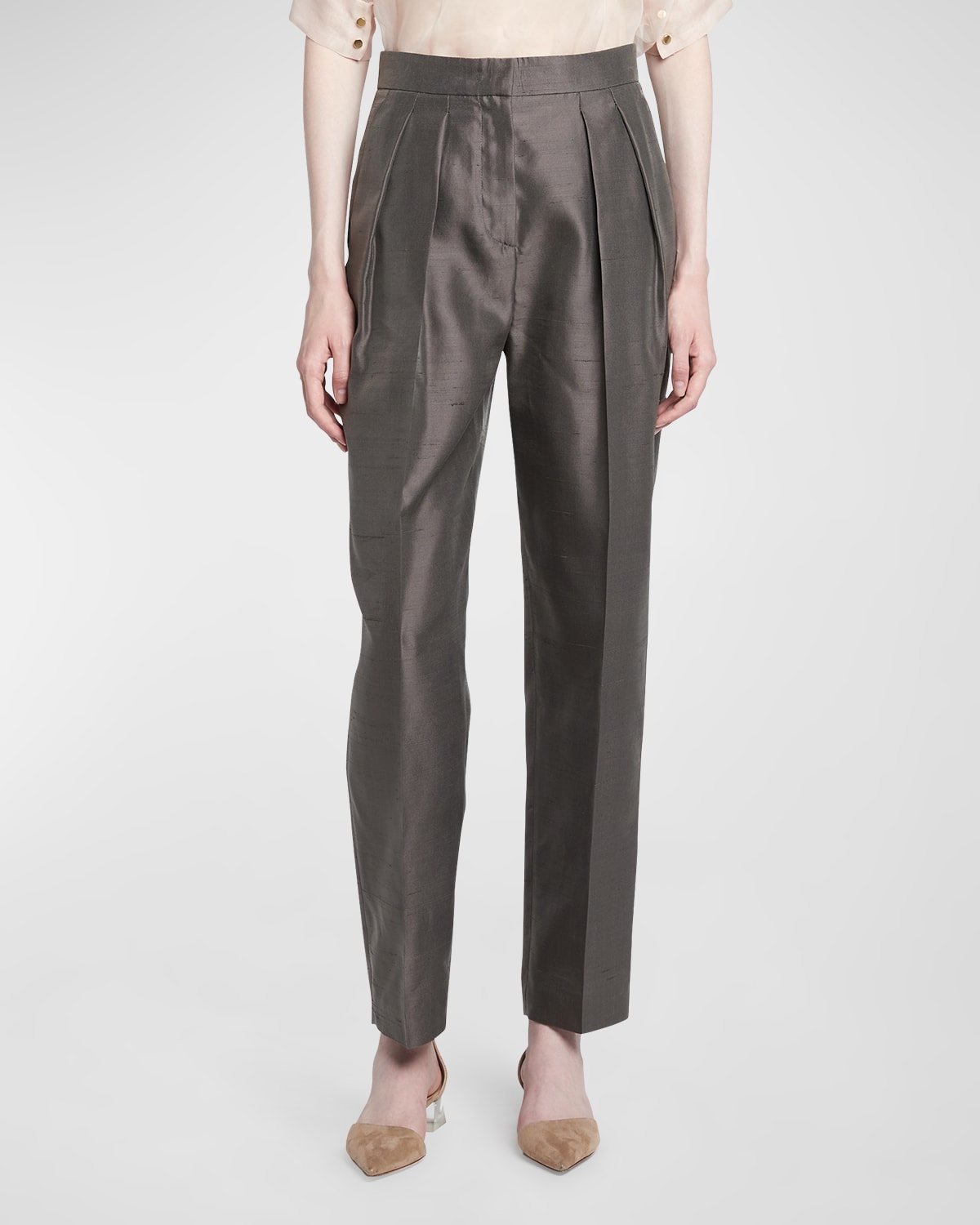 Shop Giorgio Armani Shantung Silk Pleated Straight-leg Trousers In Dark Grey