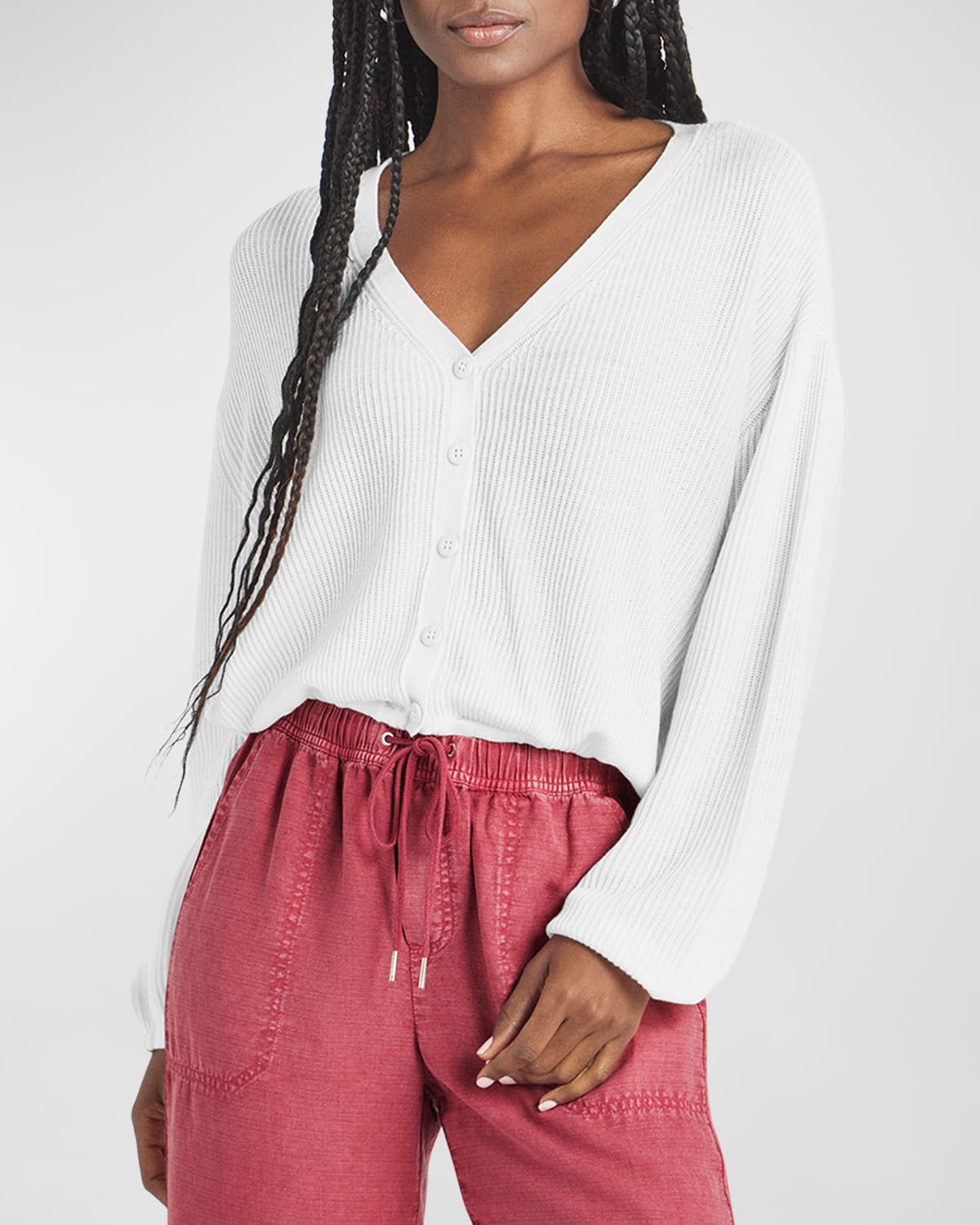 Splendid Bri Rib Blouson Sleeve Cardigan In White